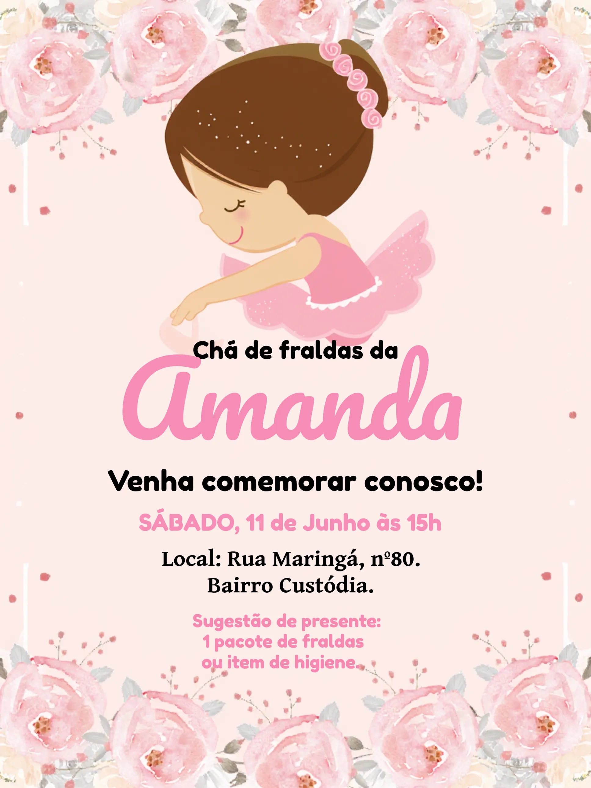 Convite Chá De Fraldas Princesa Bailarina Branco editável e personalizável