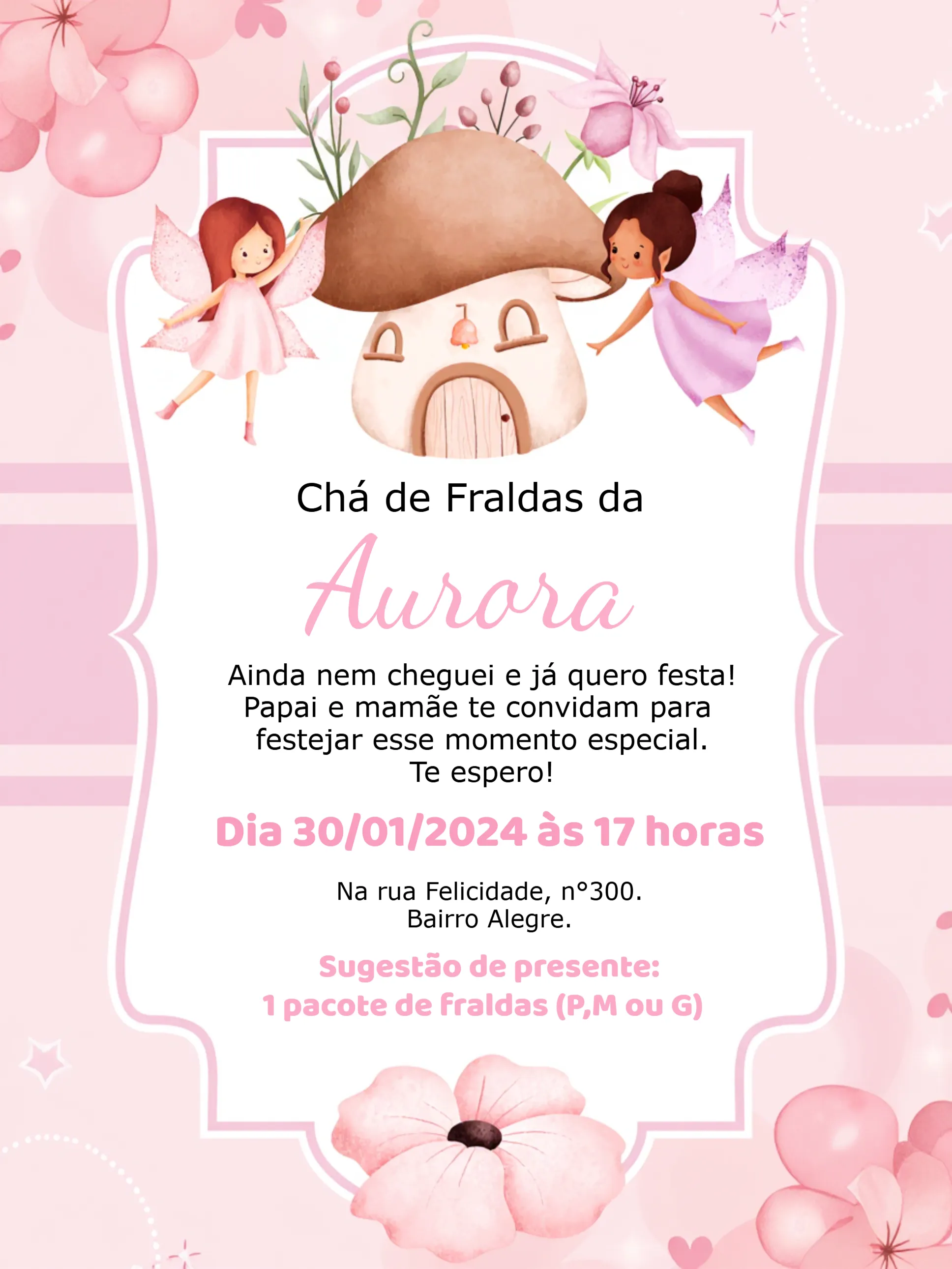 Convite Chá De Fraldas Rosa Bosque Fadas Bebê editável e personalizável