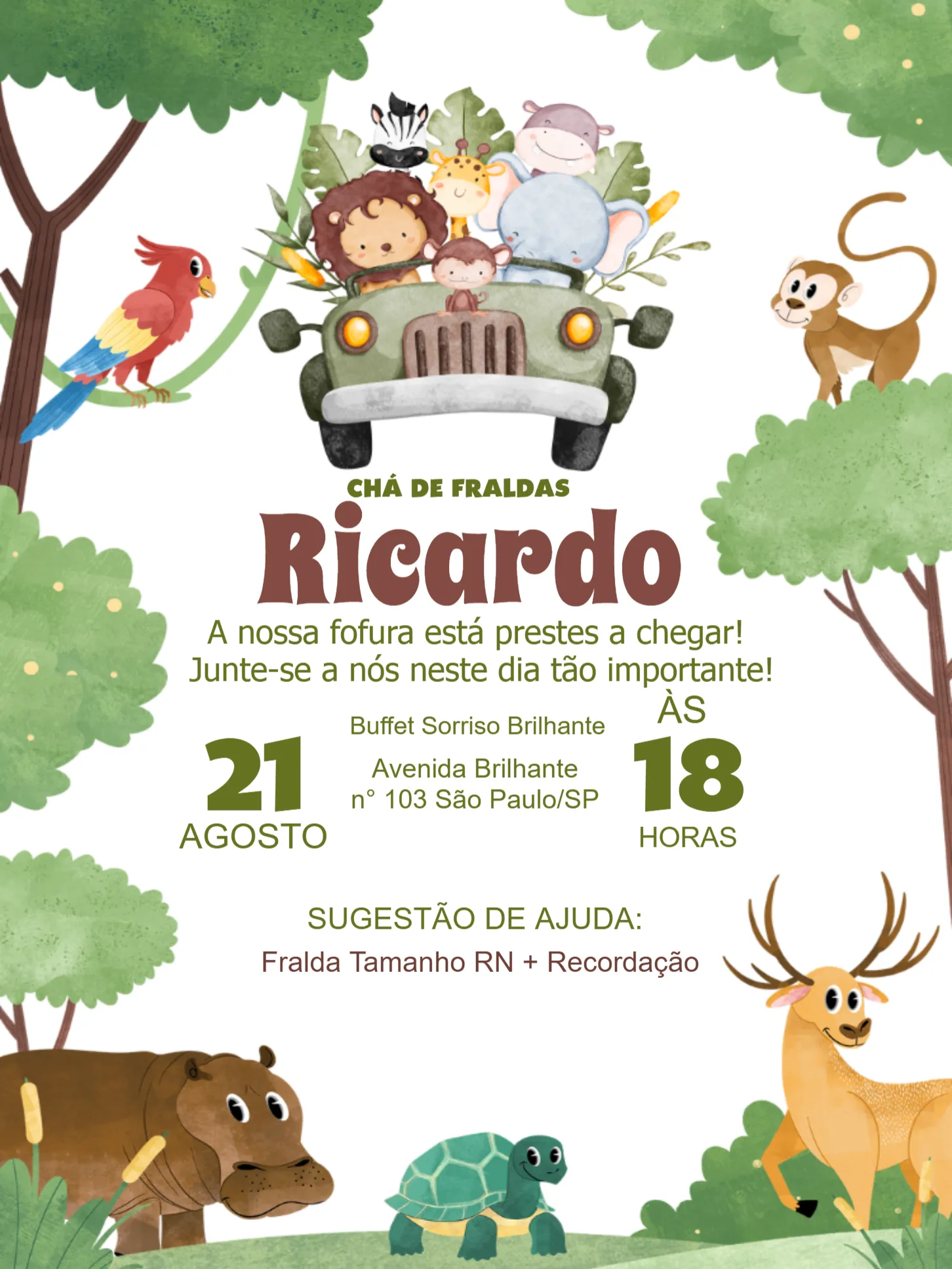 Convite Chá De Fraldas Safari Infantil editável e personalizável
