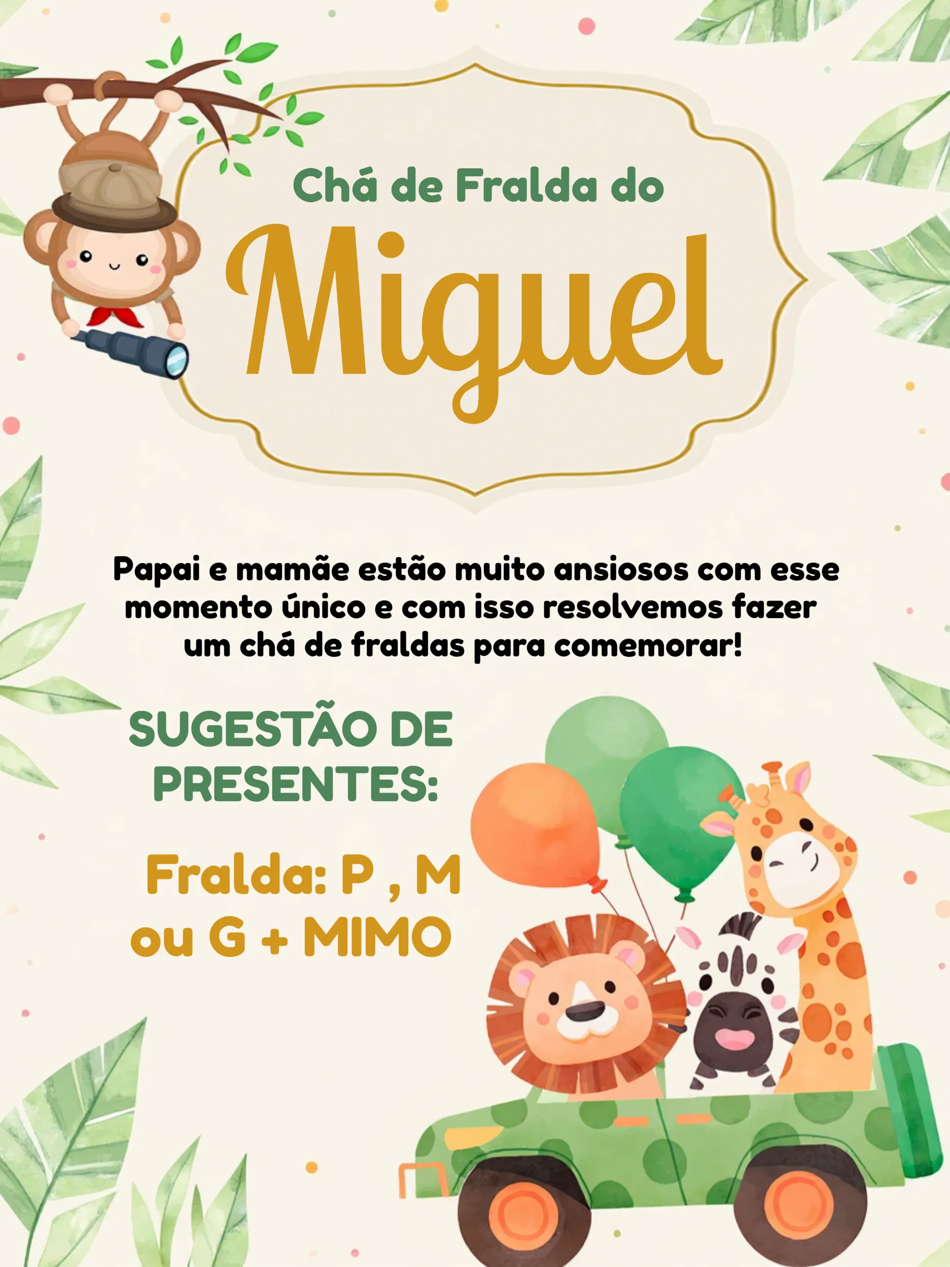 Convite Chá De Fraldas Safari Menino editável e personalizável