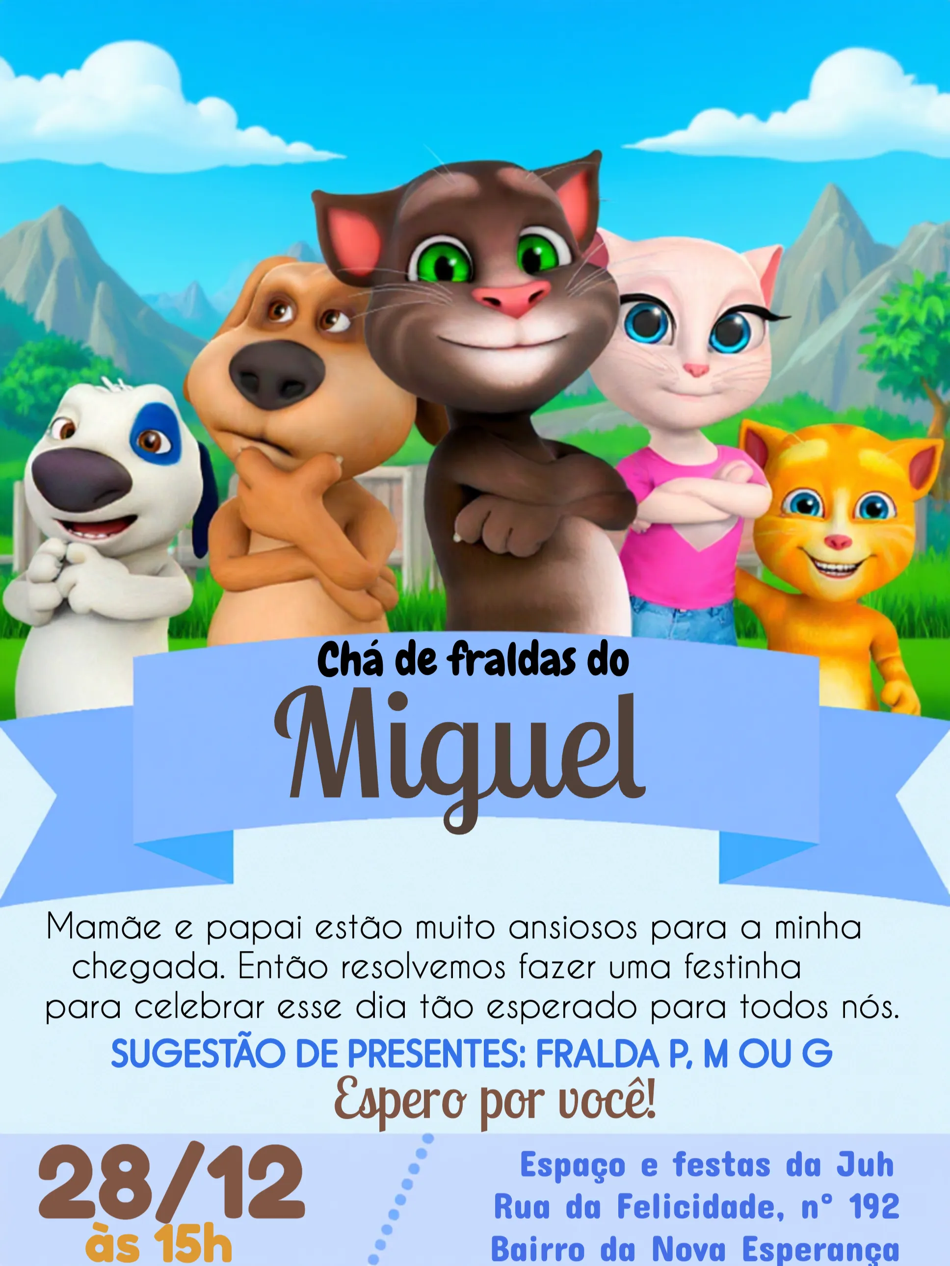Convite Chá De Fraldas Talking Tom Branco editável e personalizável