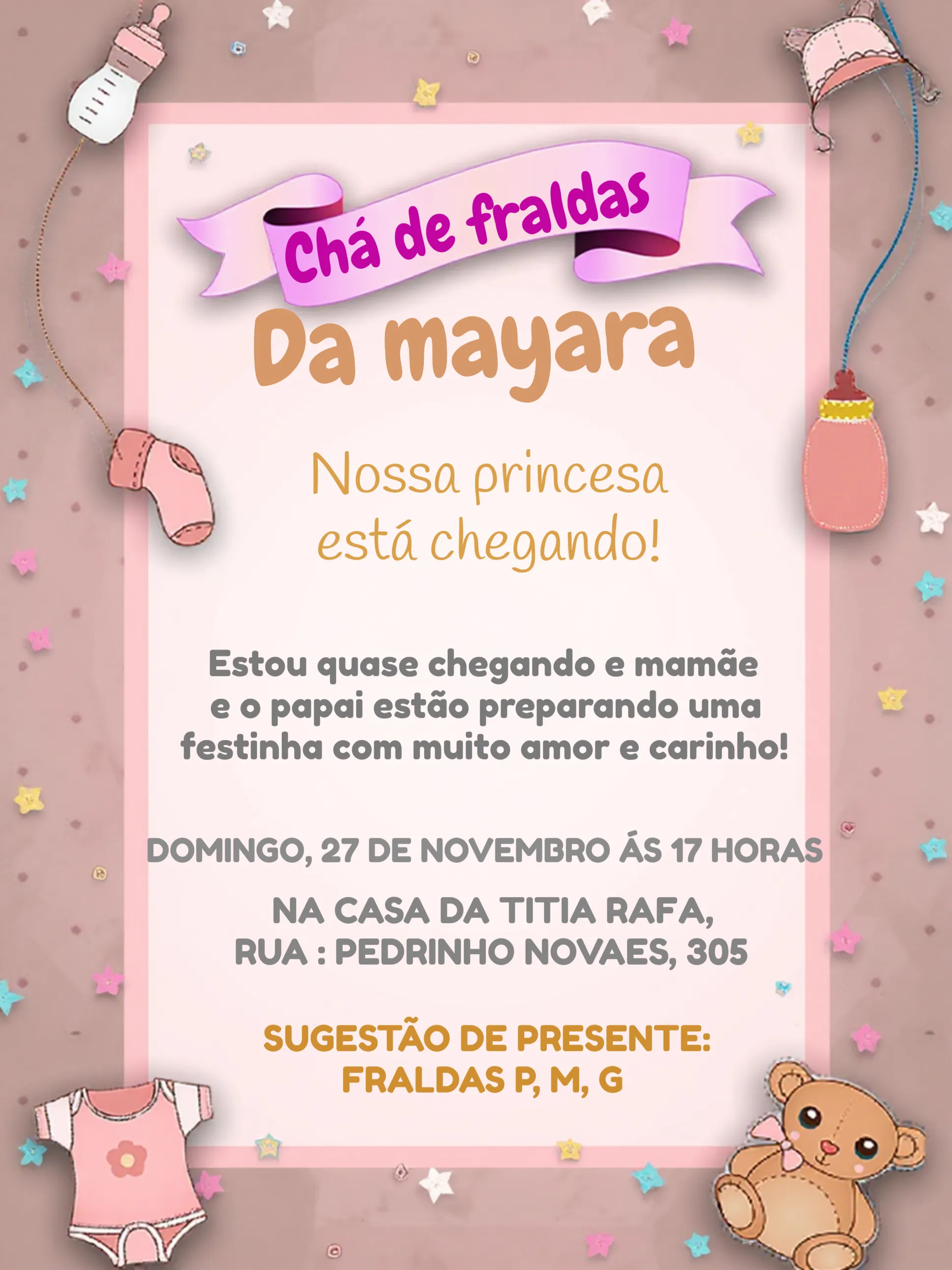 Convite Chá De Fraldas Ursinha editável e personalizável