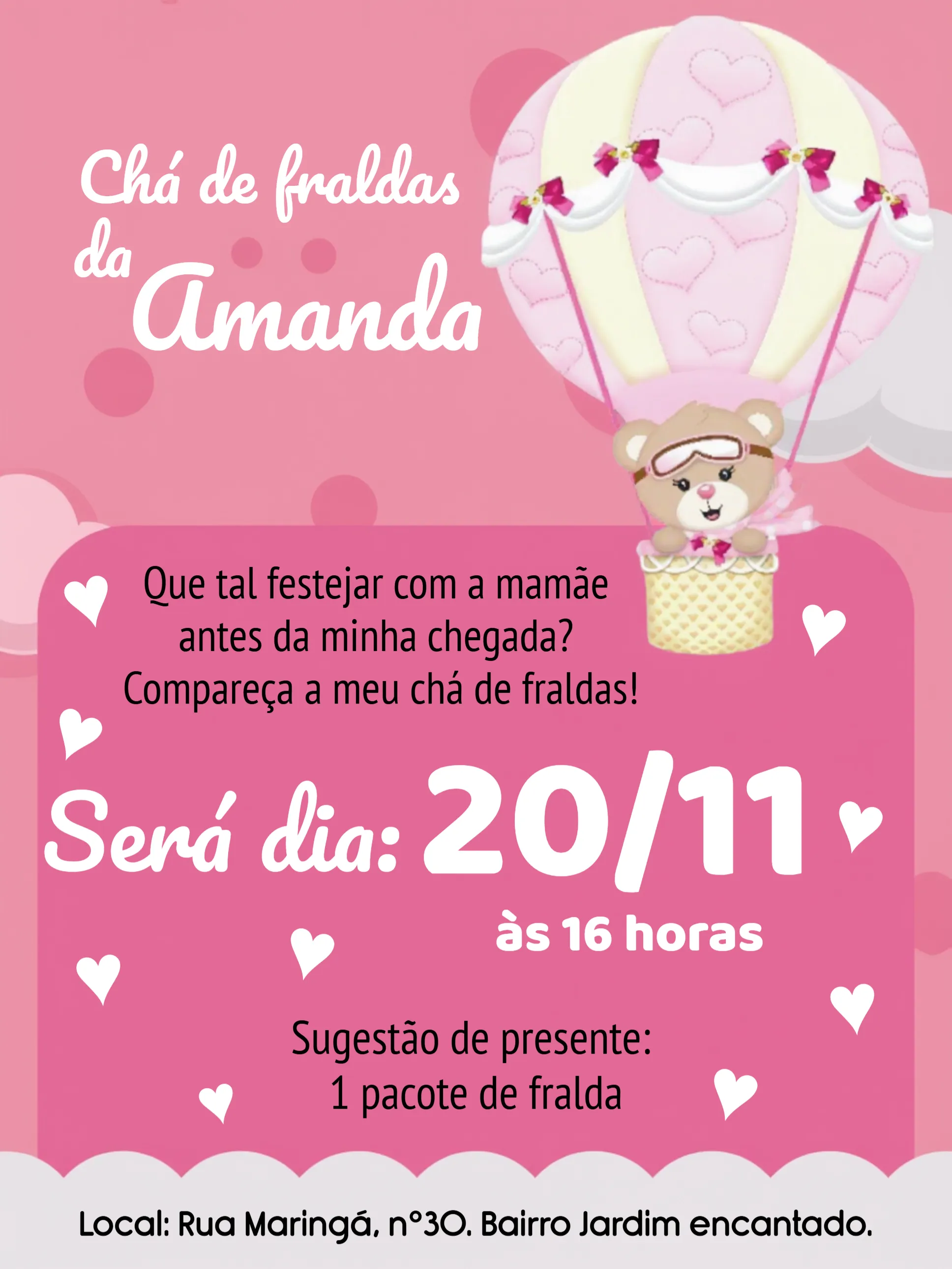 Convite Chá De Fraldas Ursinha Baloeira Rosa editável e personalizável