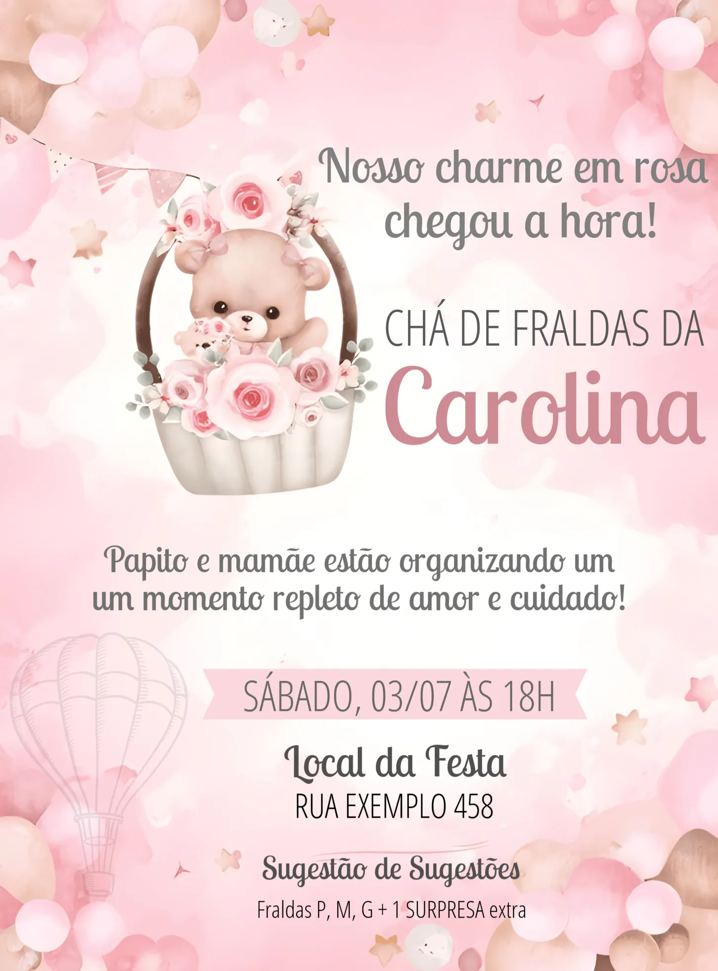 Convite Chá De Fraldas Ursinha Baloieira Baloeira editável e personalizável