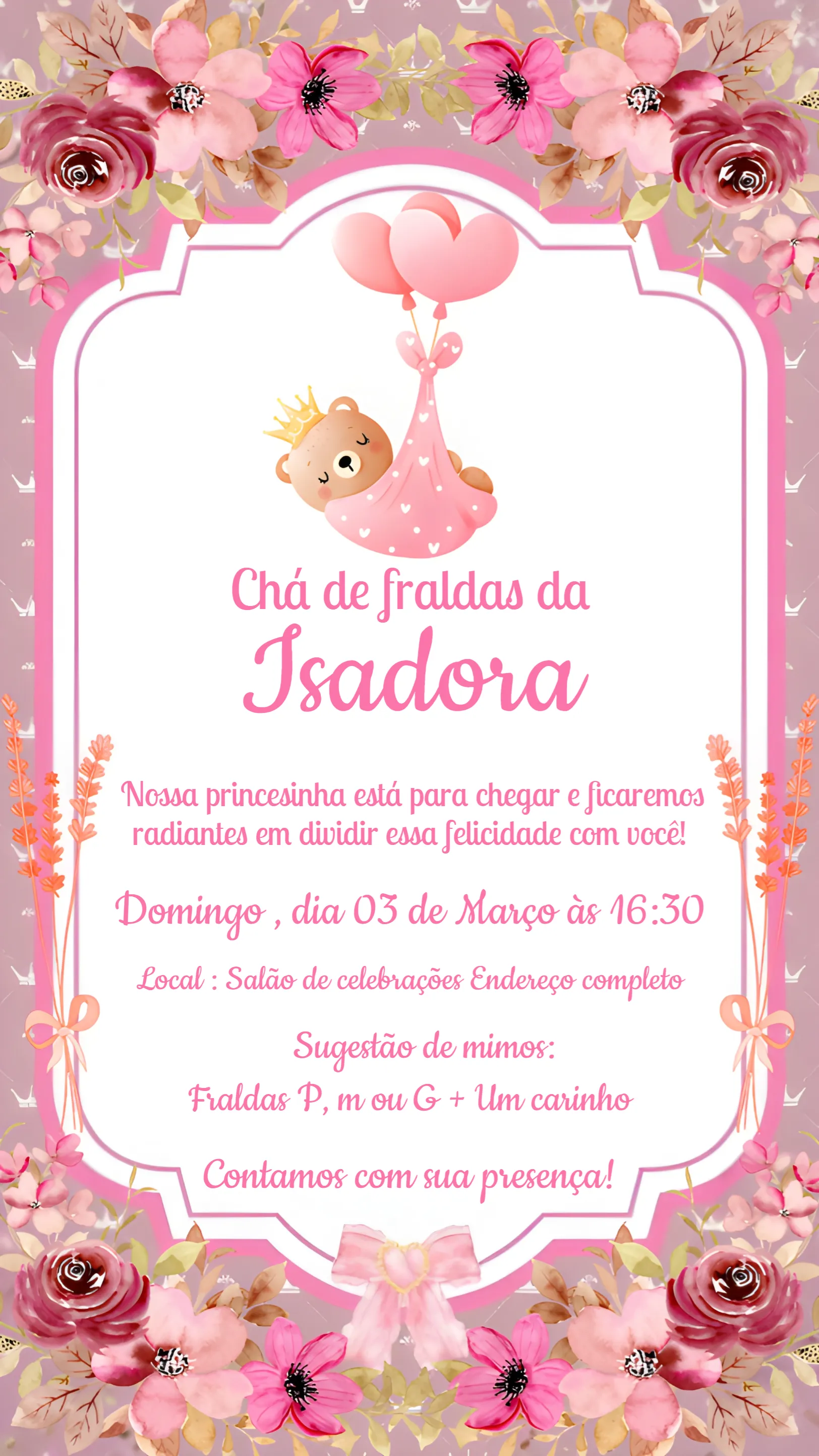 Convite Chá De Fraldas Ursinha Princesa Flores editável e personalizável