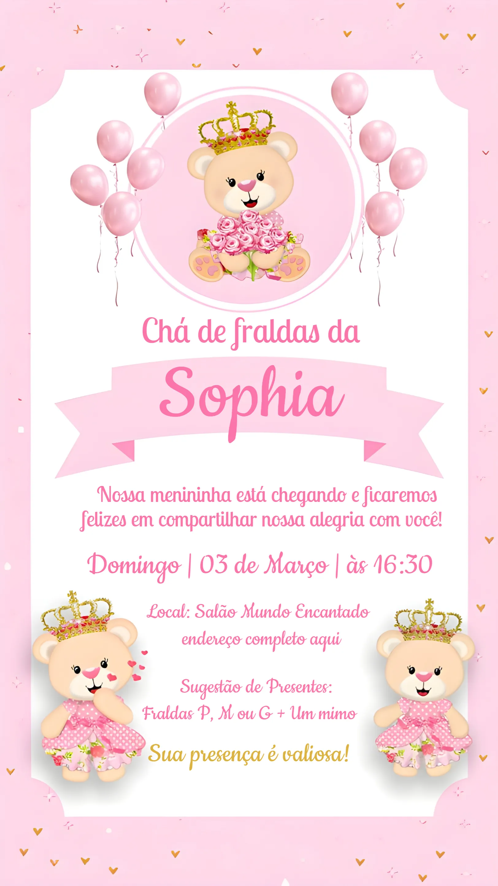 Convite Chá De Fraldas Ursinha Princesa Rosa editável e personalizável