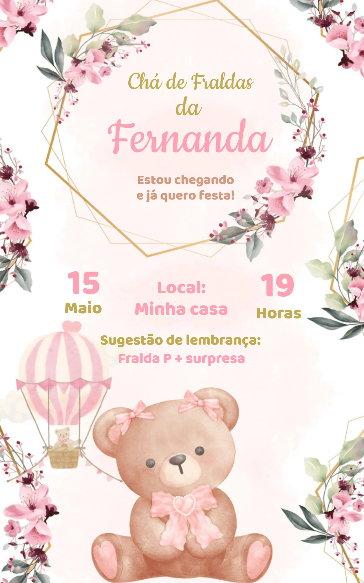 Chá De Fraldas Ursinha Princesa - Rosa Com Dourado Bebê