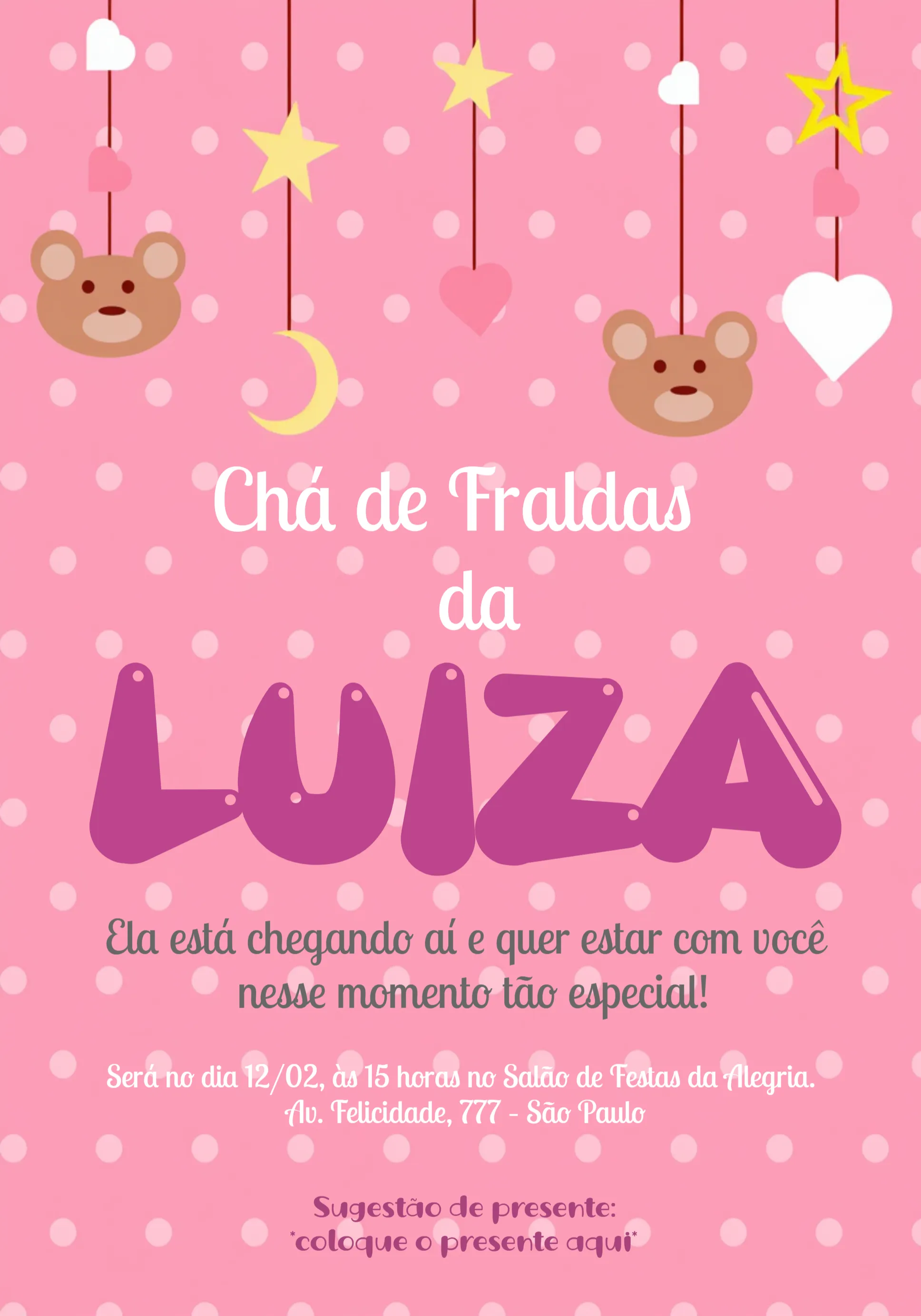 Convite Chá De Fraldas Ursinha Rosa Gravidez editável e personalizável