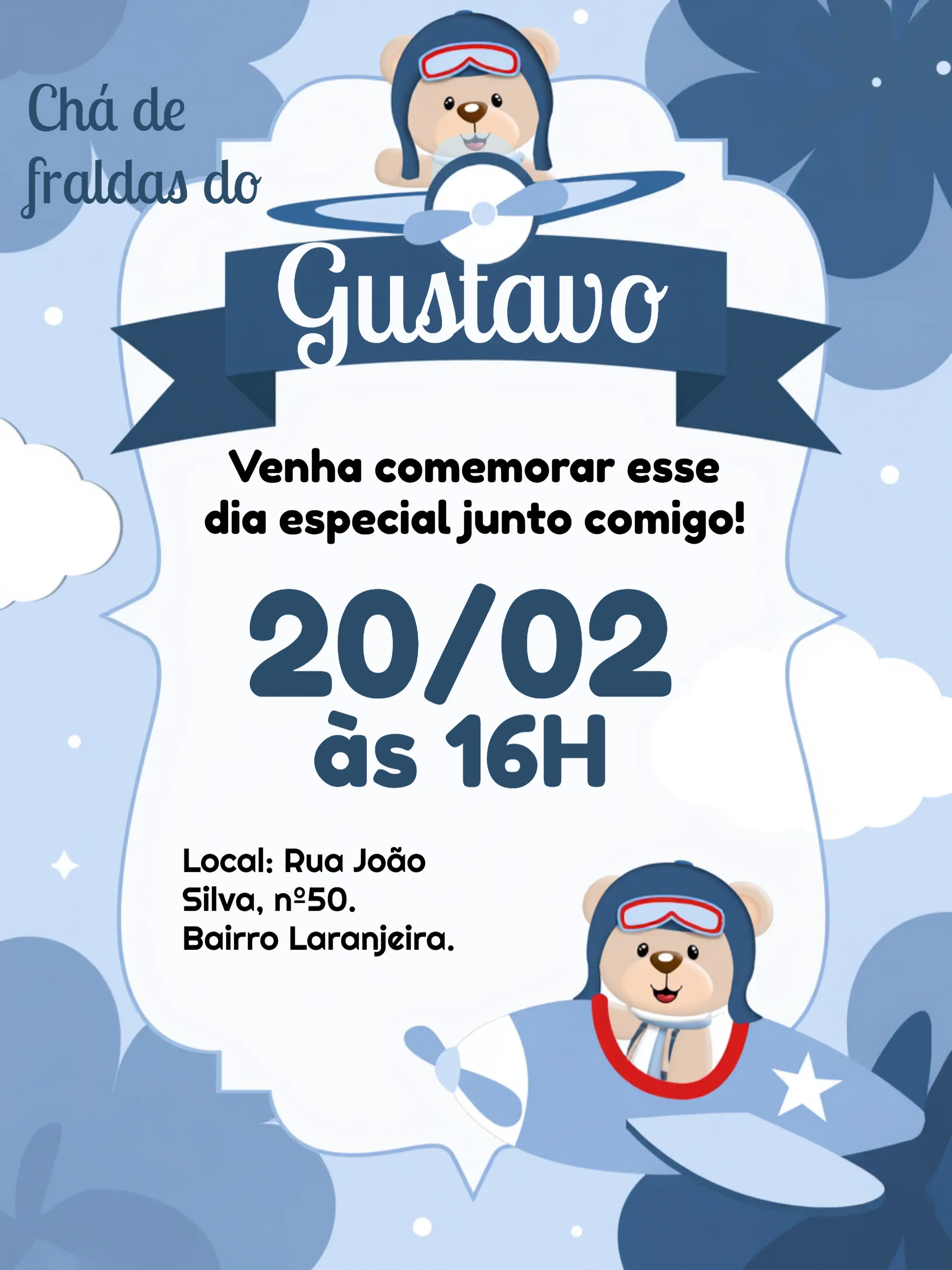 Convite Chá De Fraldas Ursinho Aviador Preto editável e personalizável