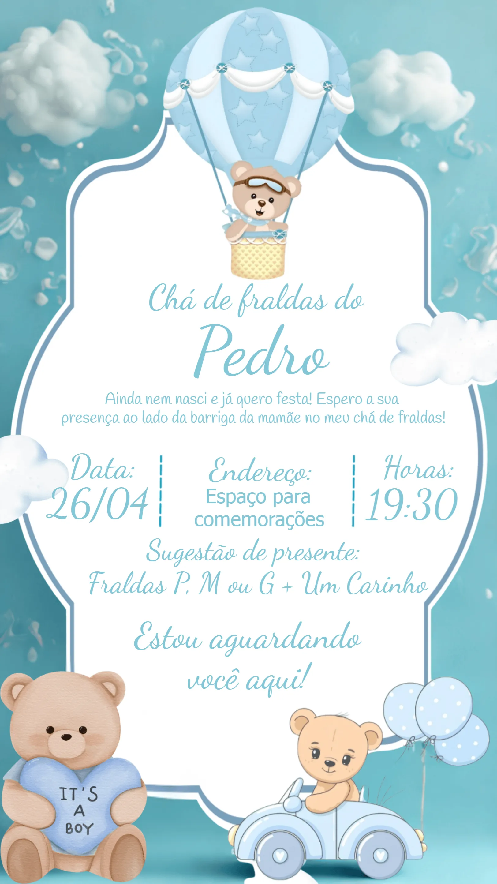 Chá De Fraldas Ursinho Baloeiro Azul