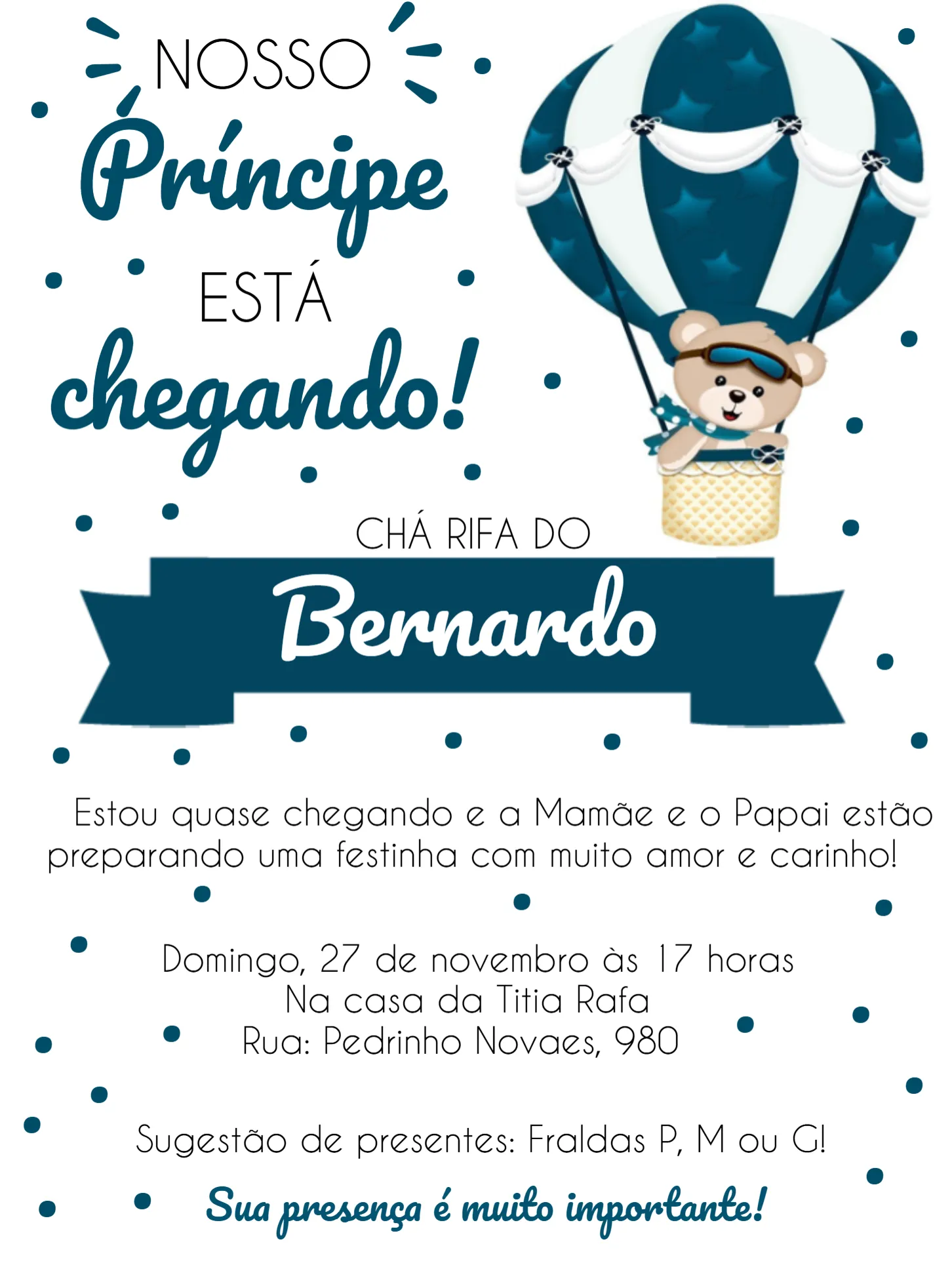 Convite Chá De Fraldas Ursinho Principe Marinho editável e personalizável