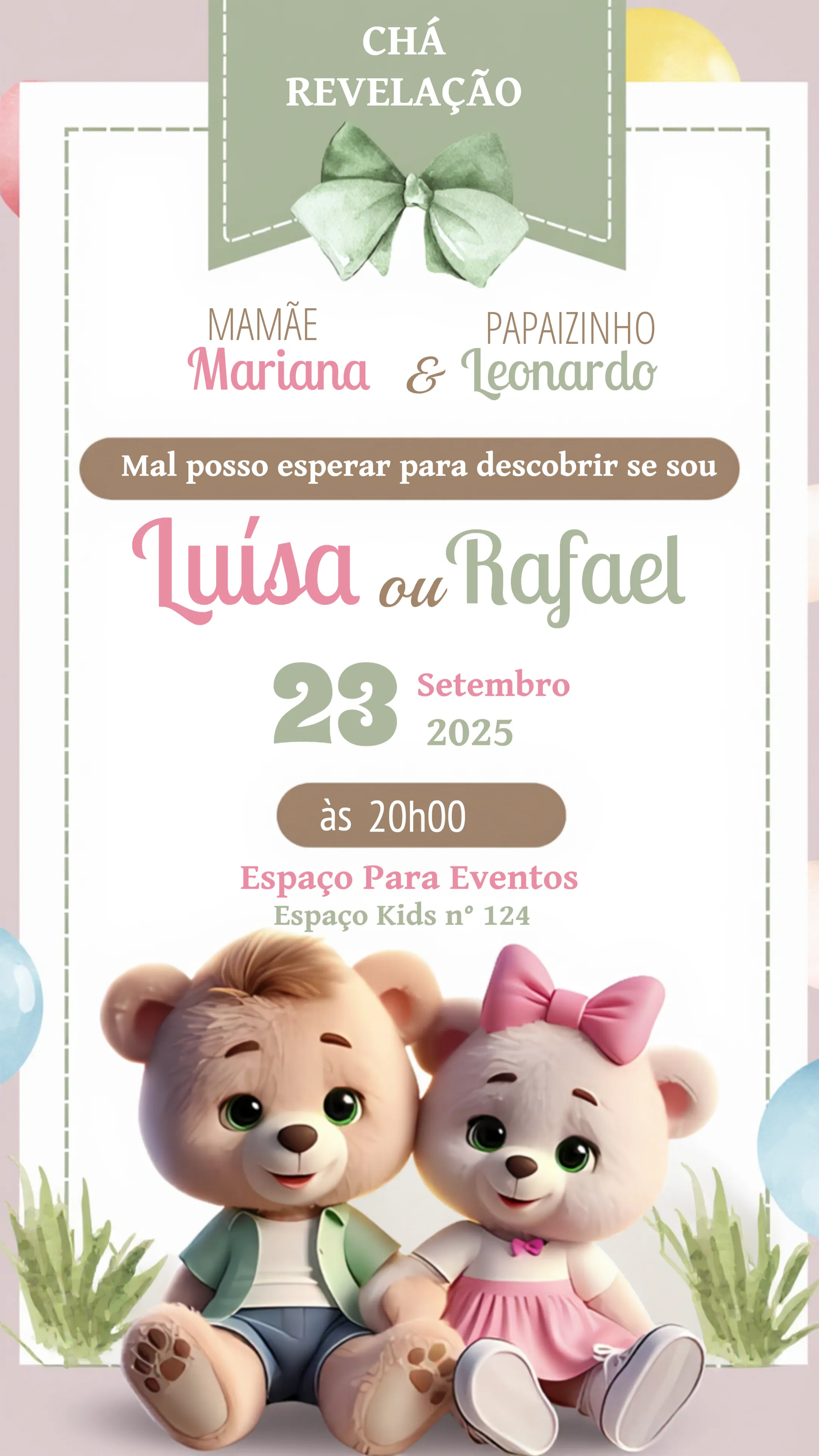 Convite Chá De Revelação Ursos Neném editável e personalizável