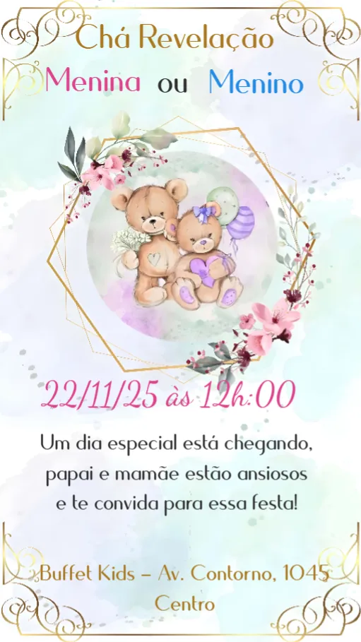 Convite Chá Revelação editável e personalizável