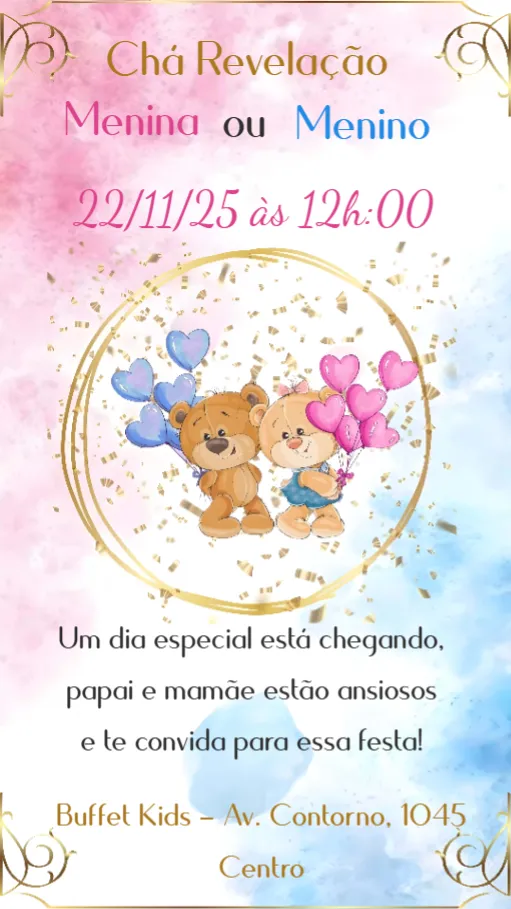 Convite Chá Revelação editável e personalizável