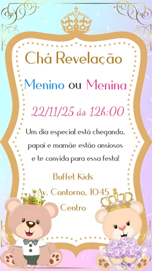 Convite Chá Revelação editável e personalizável