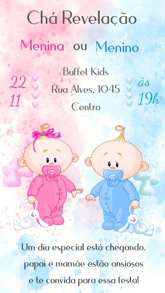 Convite Chá Revelação editável e personalizável