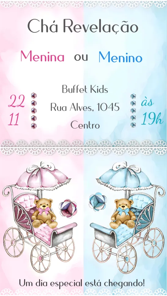Convite Chá Revelação editável e personalizável