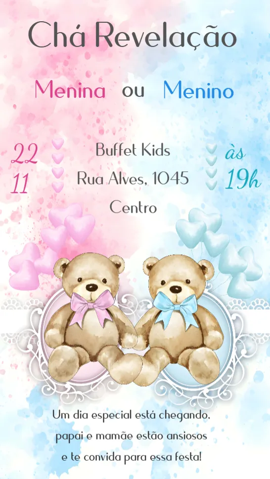 Convite Chá Revelação editável e personalizável