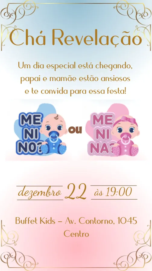 Convite Chá Revelação editável e personalizável