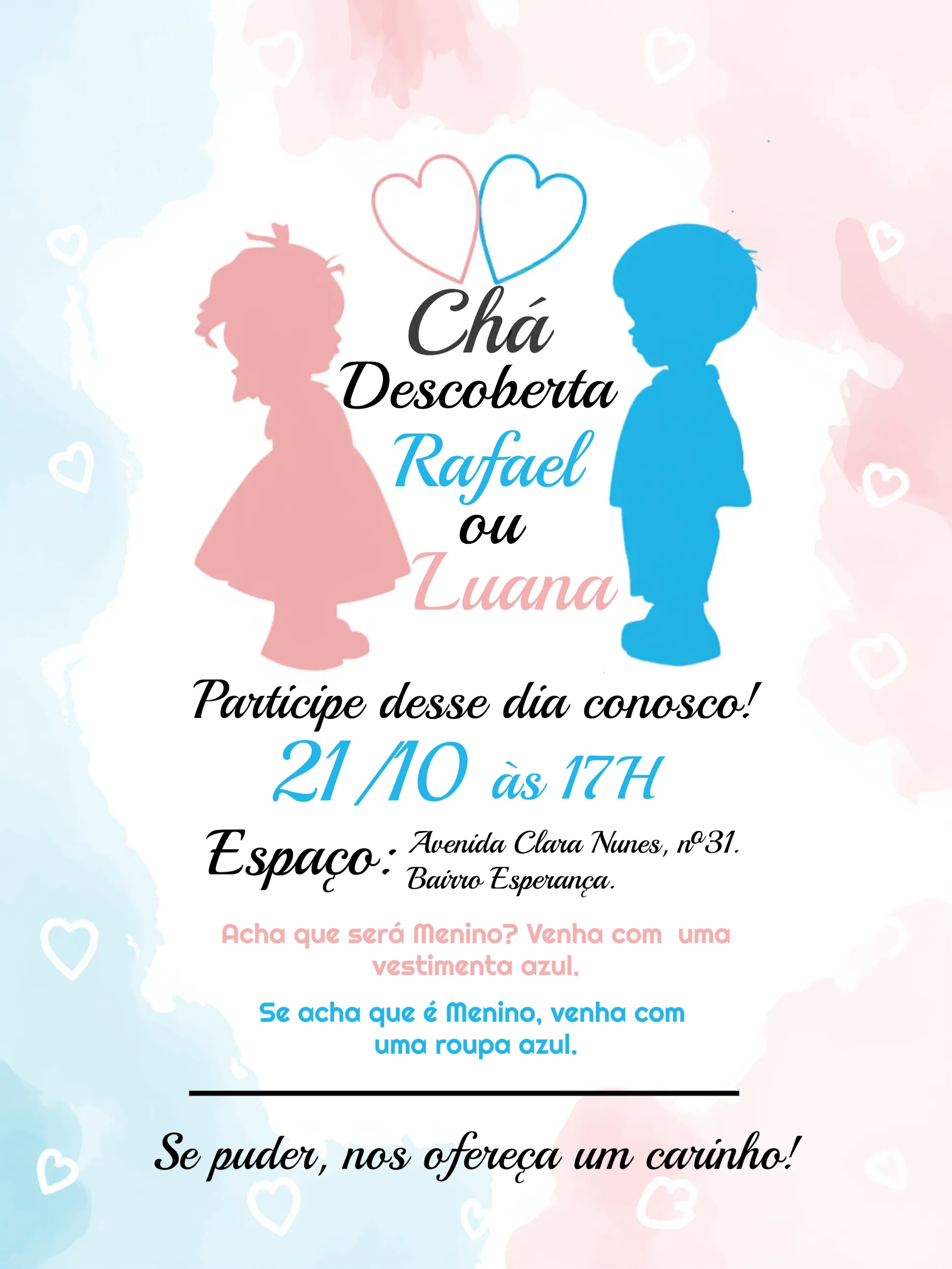 Convite Chá Revelação Menina Ou Menino Azul editável e personalizável