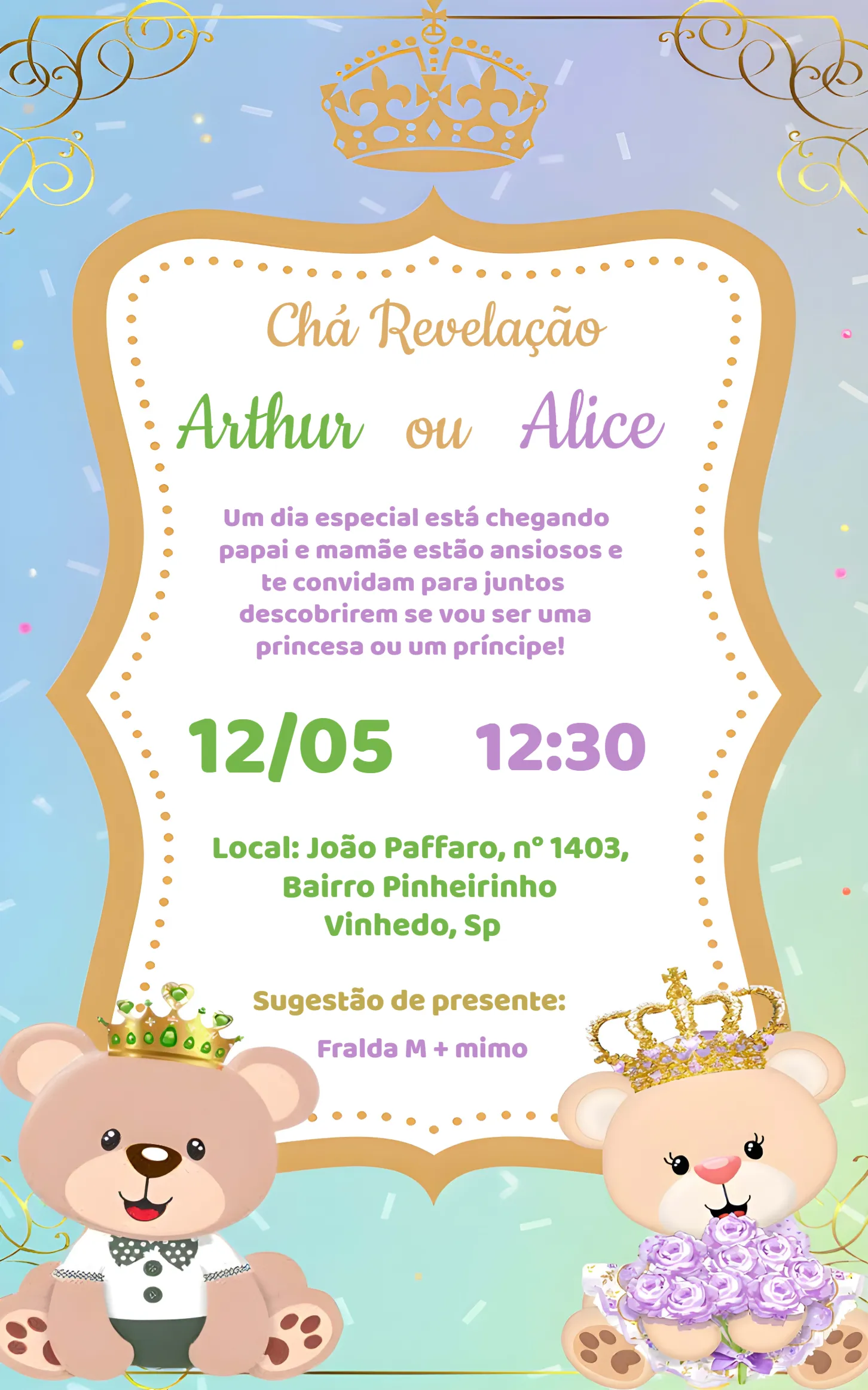 Convite Chá Revelação Ursinho Verde E Ursinha Lilás Fraldas editável e personalizável