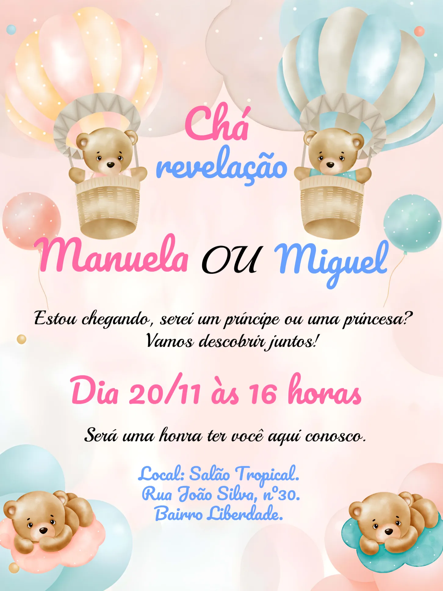 Chá Revelação Ursinhos Baloeiro Rosa