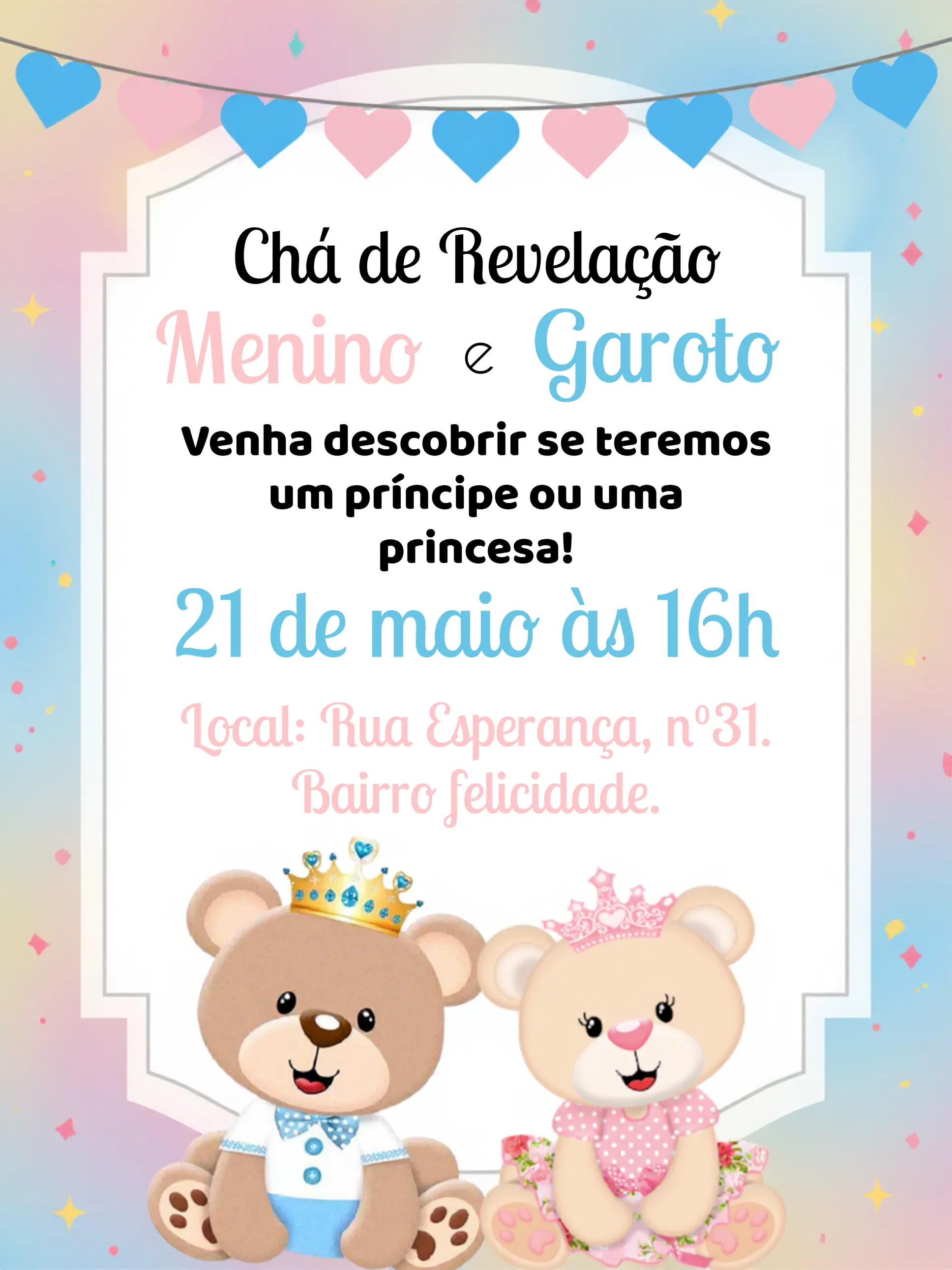 Invite Teddy Bears White Gender Reveal editable and customizable