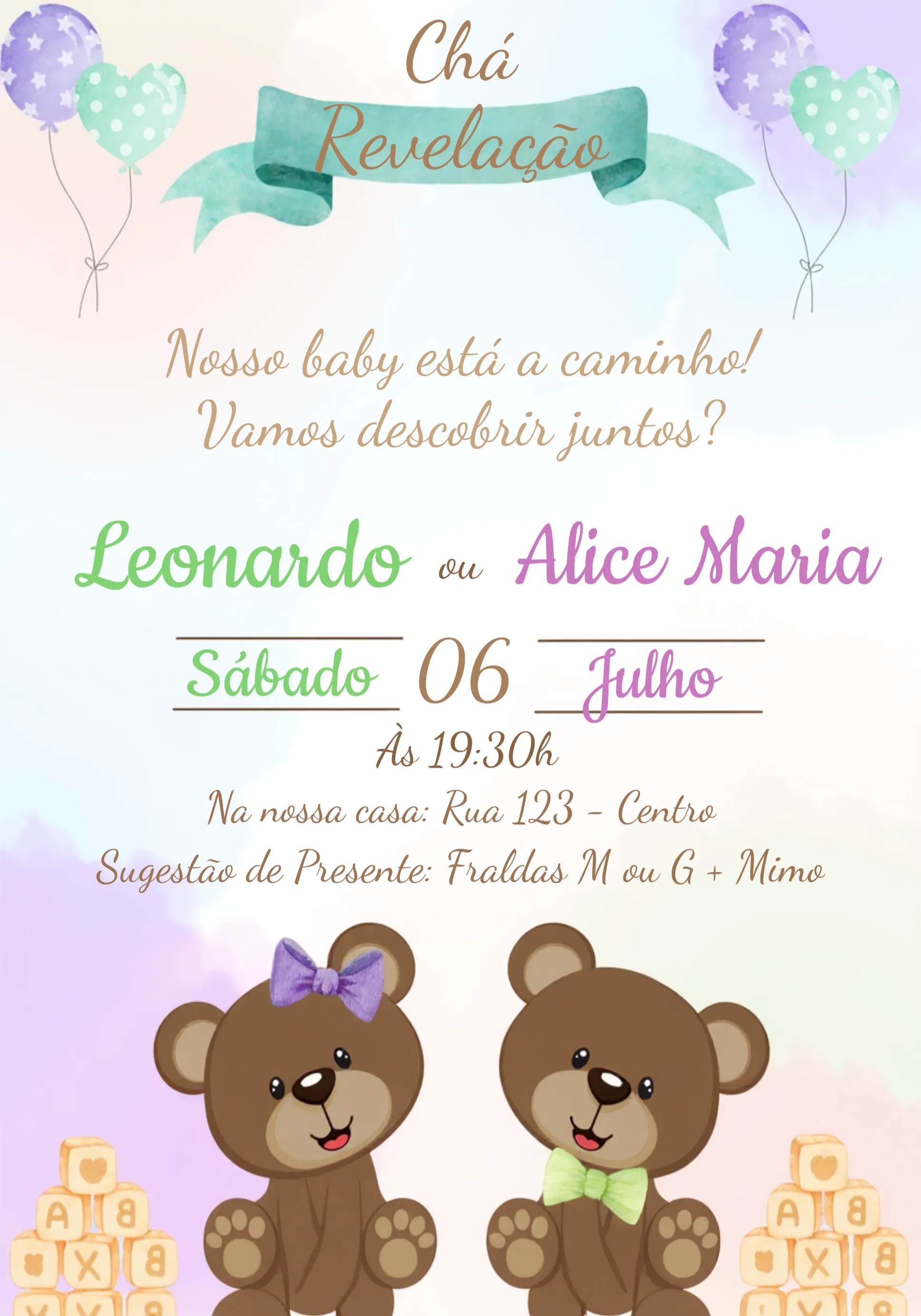 Invite Teddy Bear Diaper Reveal Party editable and customizable