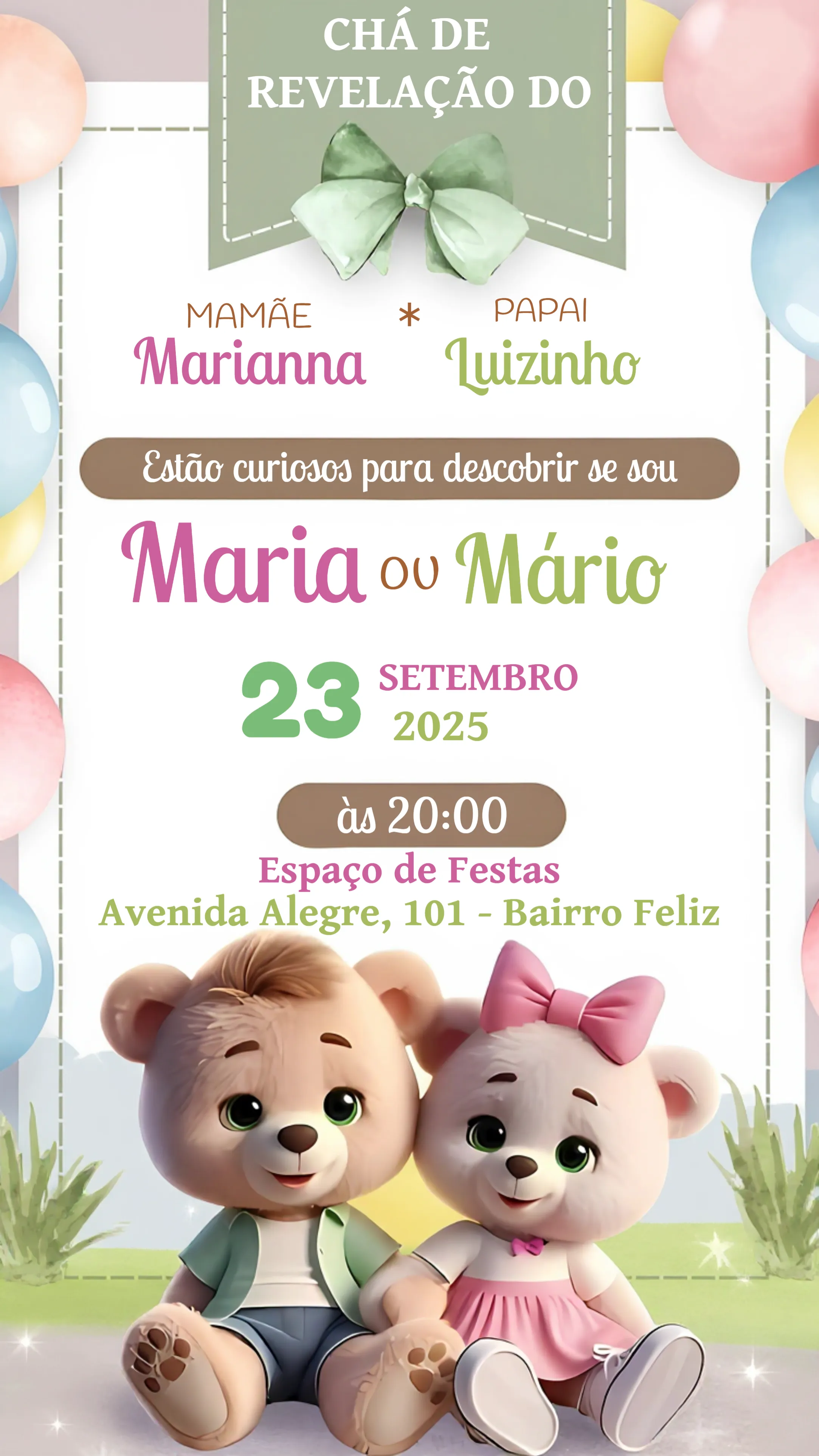 Convite Chá Revelação Ursinhos Neném editável e personalizável