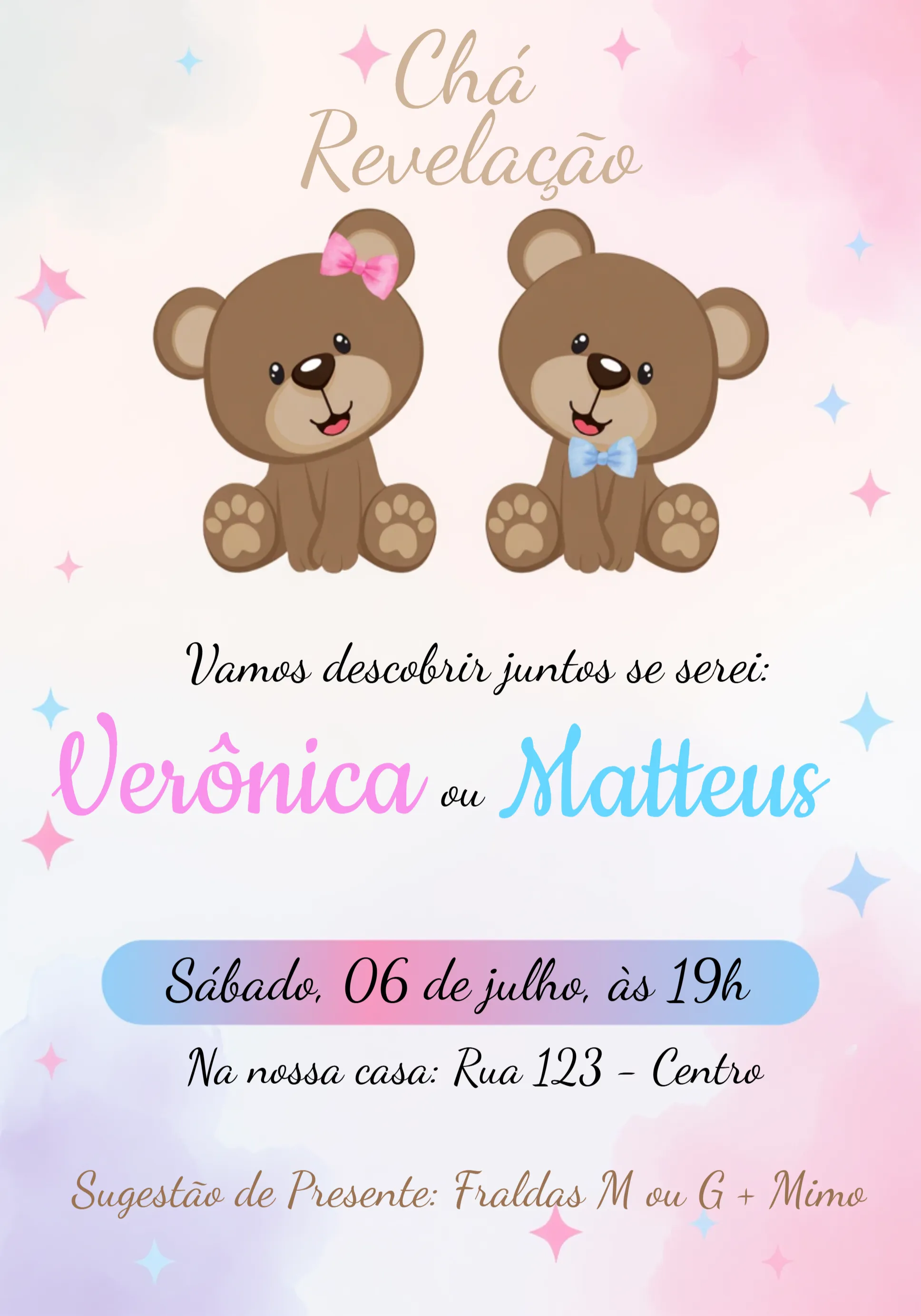 Convite Chá Revelação Ursinhos Rosa E Azul Delicado editável e personalizável