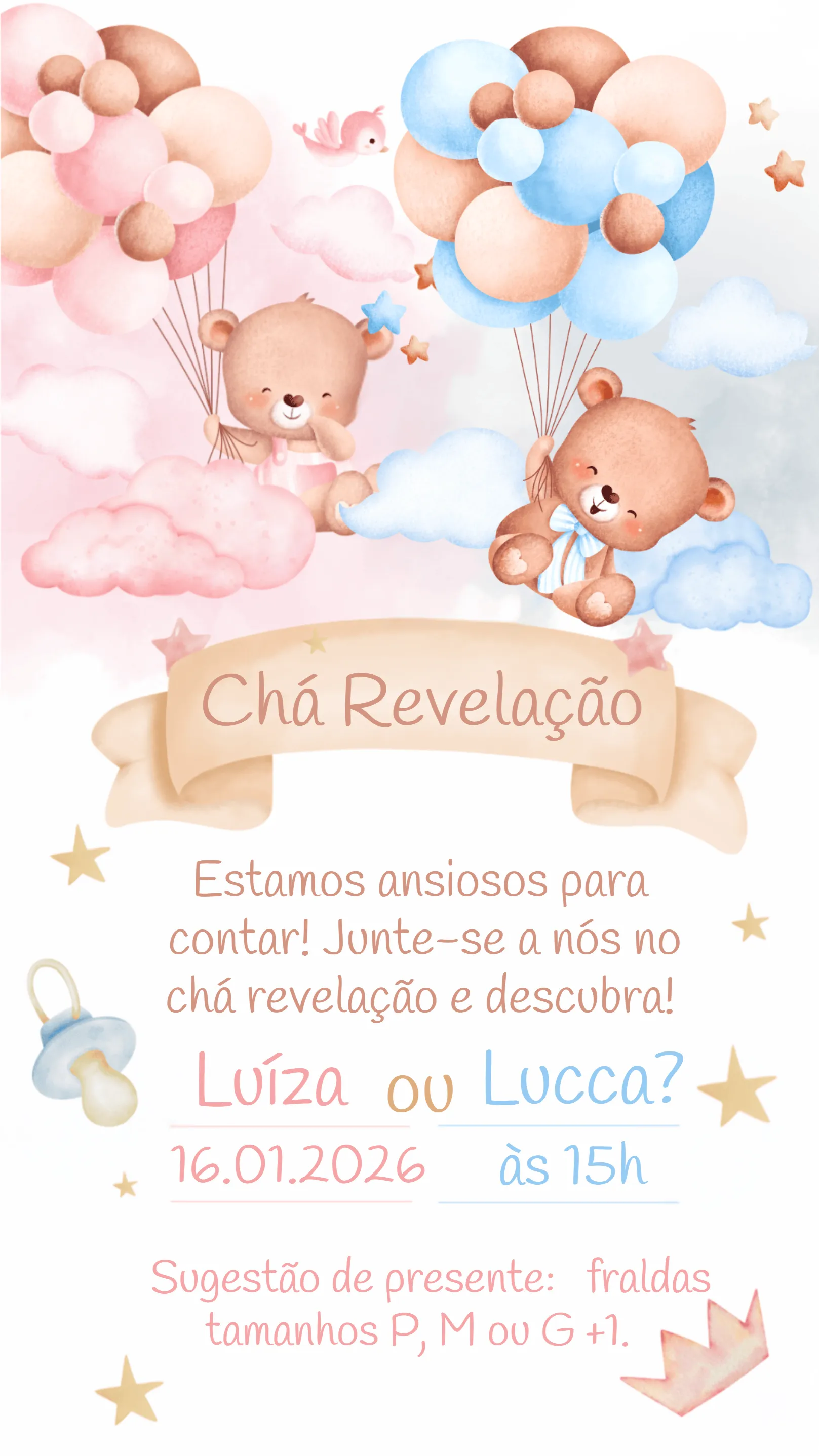Convite Chá Revelação Ursinhos Urso para chá revelação