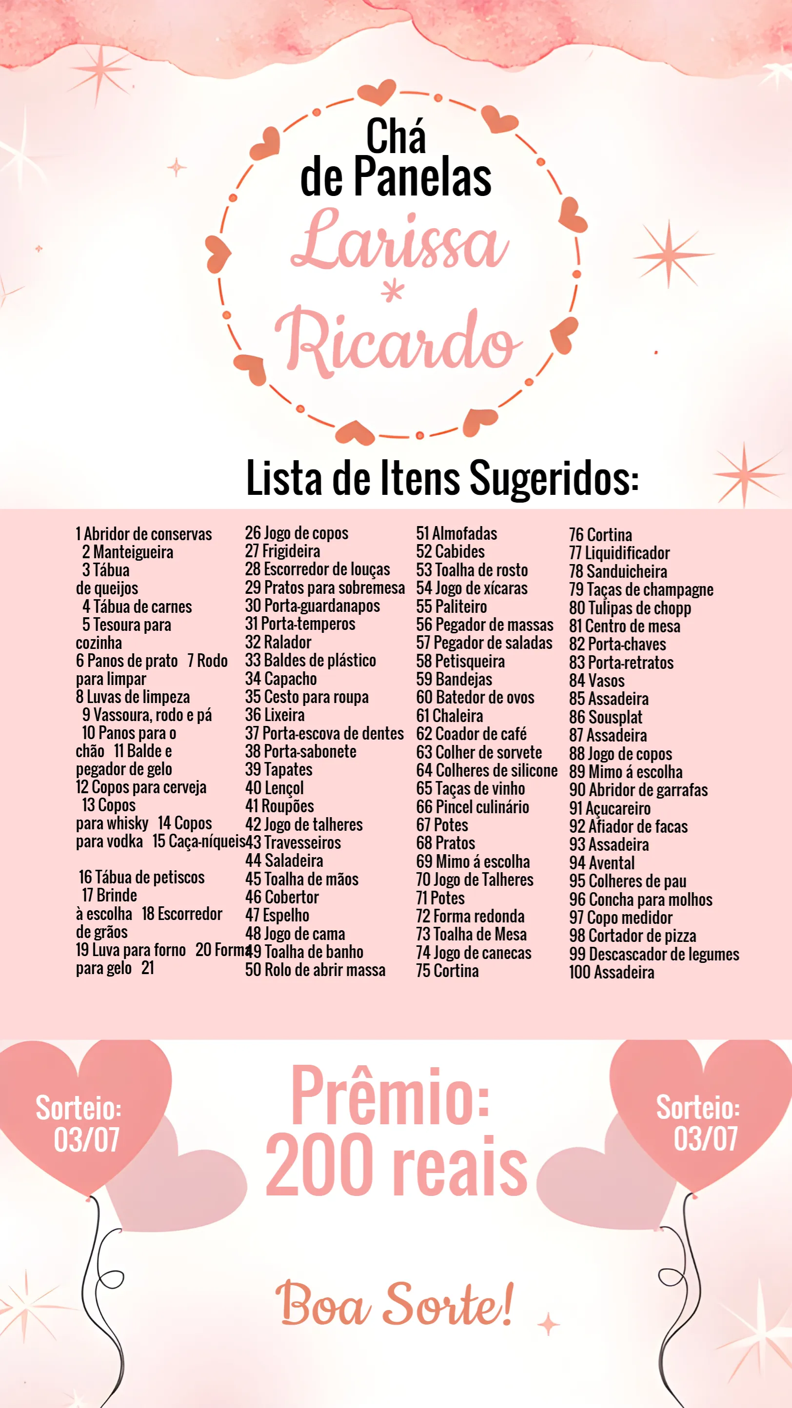 Chá Rifa De Cozinha Corações Salmão