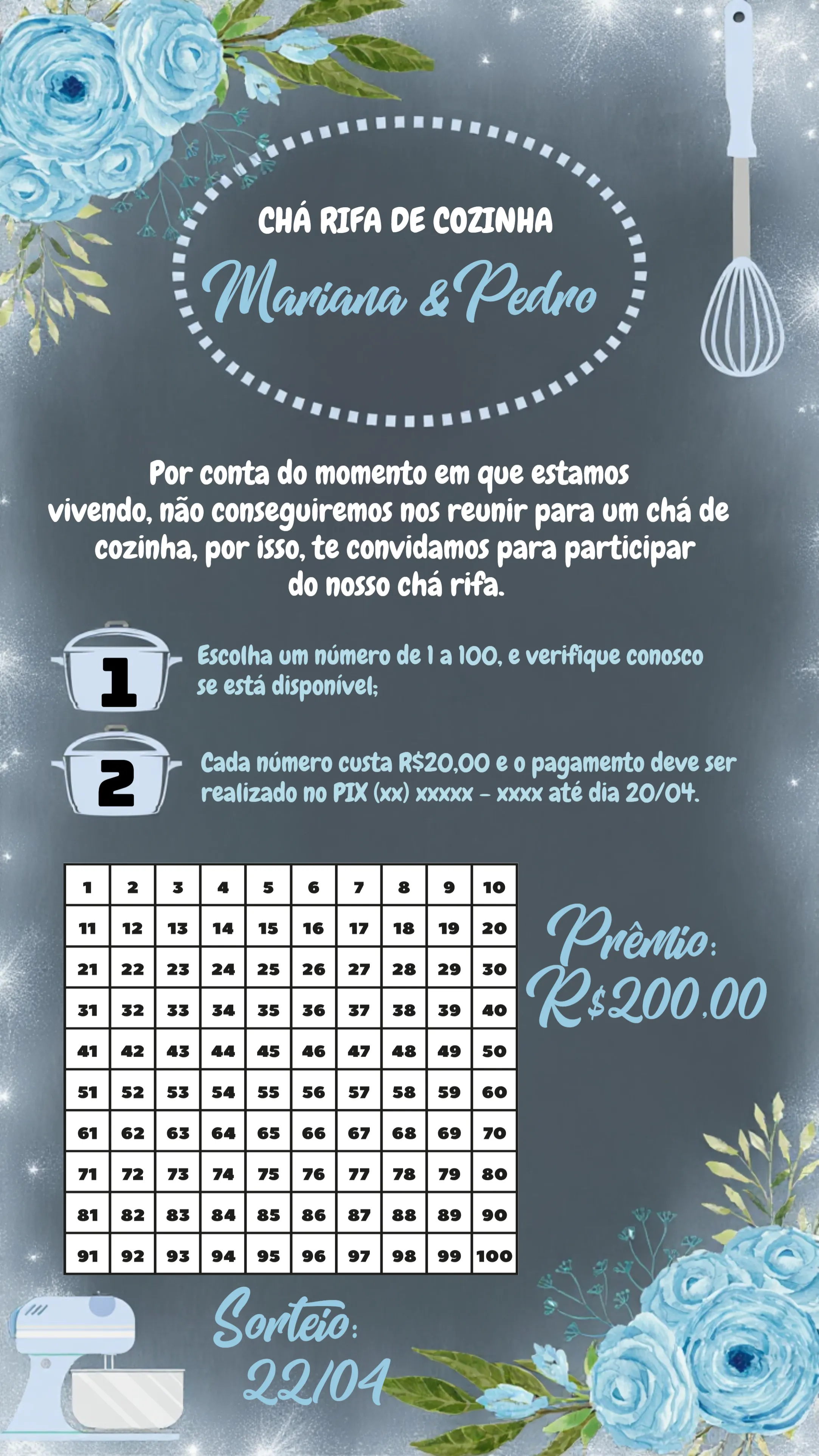 Convite Chá Rifa De Panela Quadro Negro Giz Lousa editável e personalizável