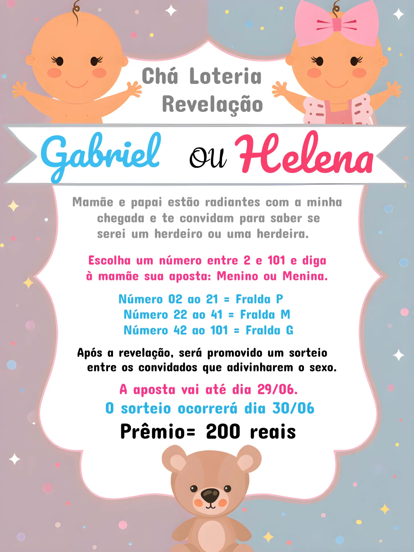 Chá Rifa Revelação Bebês Cha