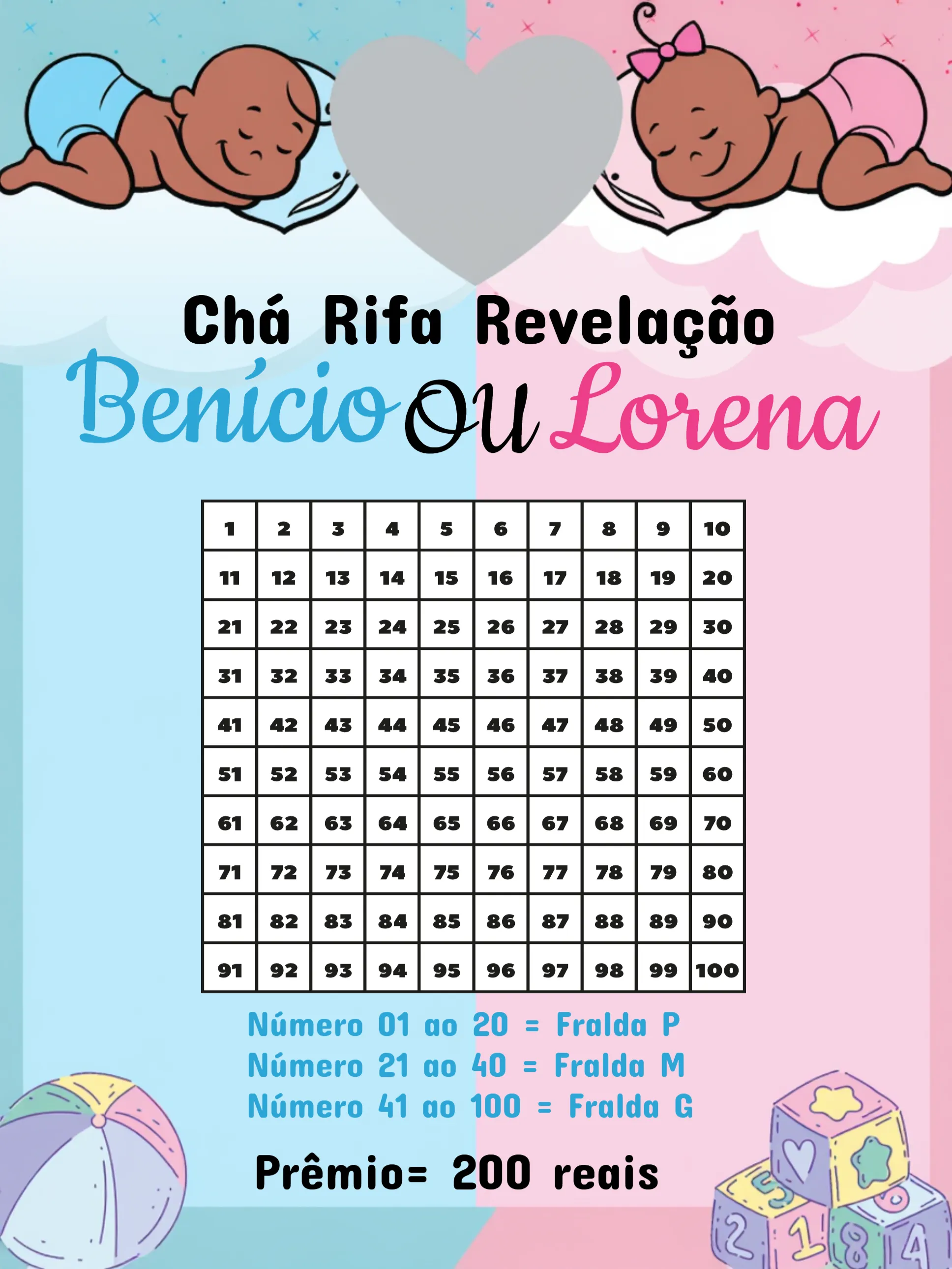 Convite Chá Rifa Revelação Bebês Menina editável e personalizável