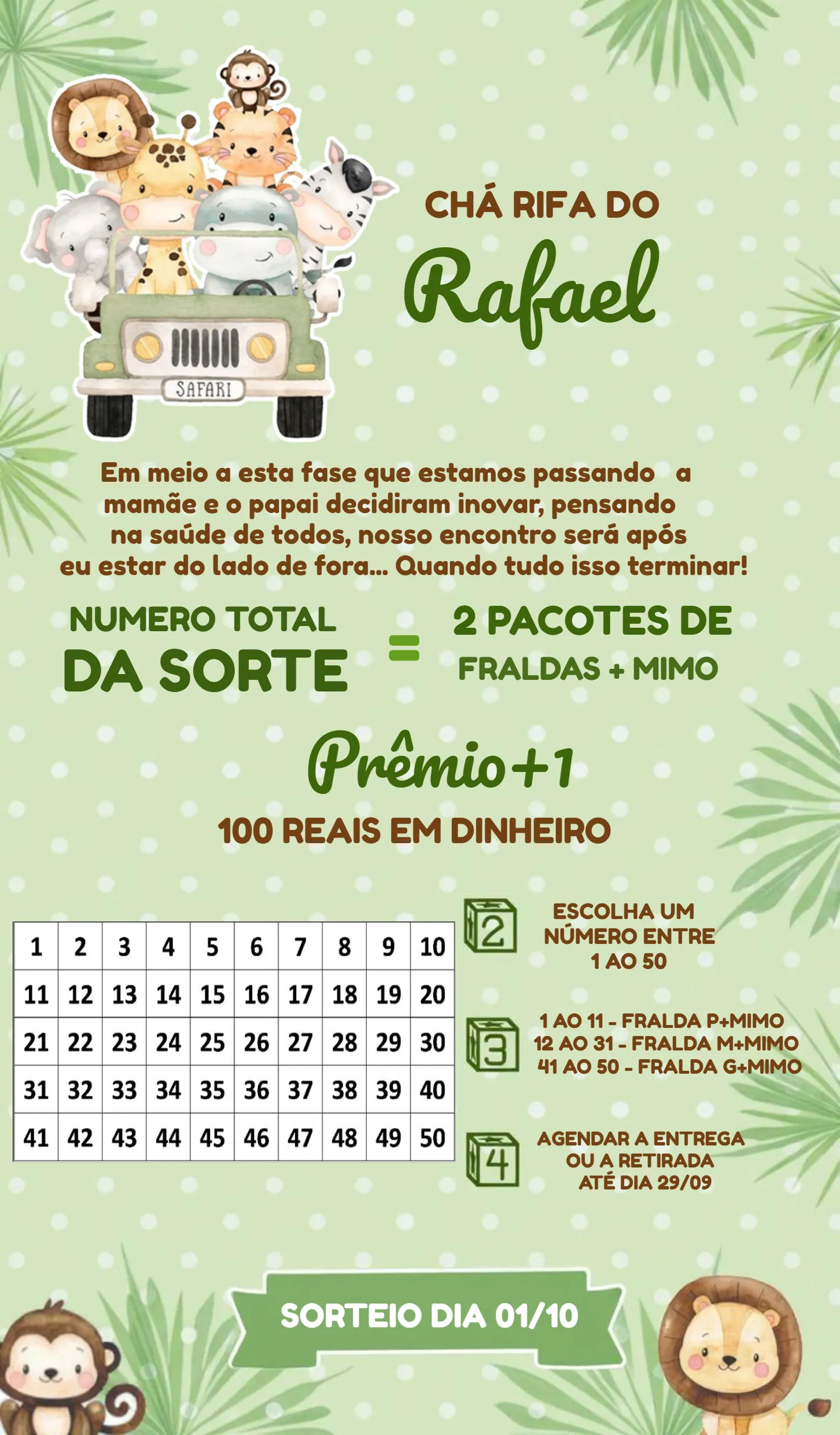 Convite Chá Rifa Safari Menino editável e personalizável