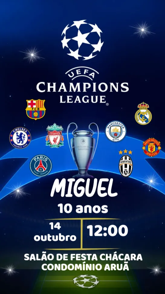 Convite Champions editável e personalizável