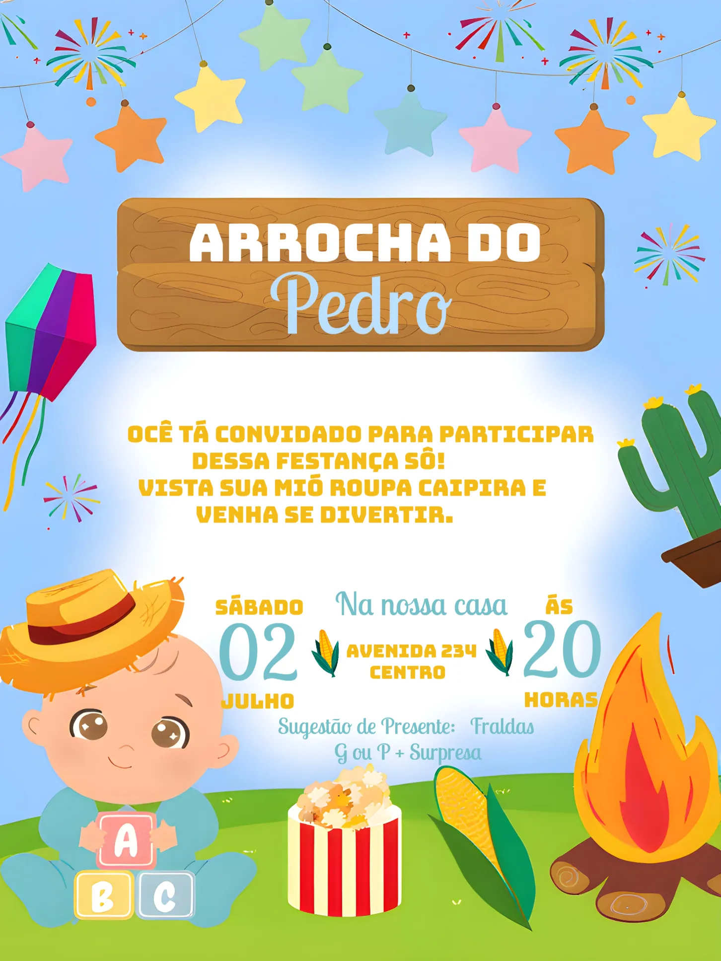 Convite Charraiá Menino João editável e personalizável