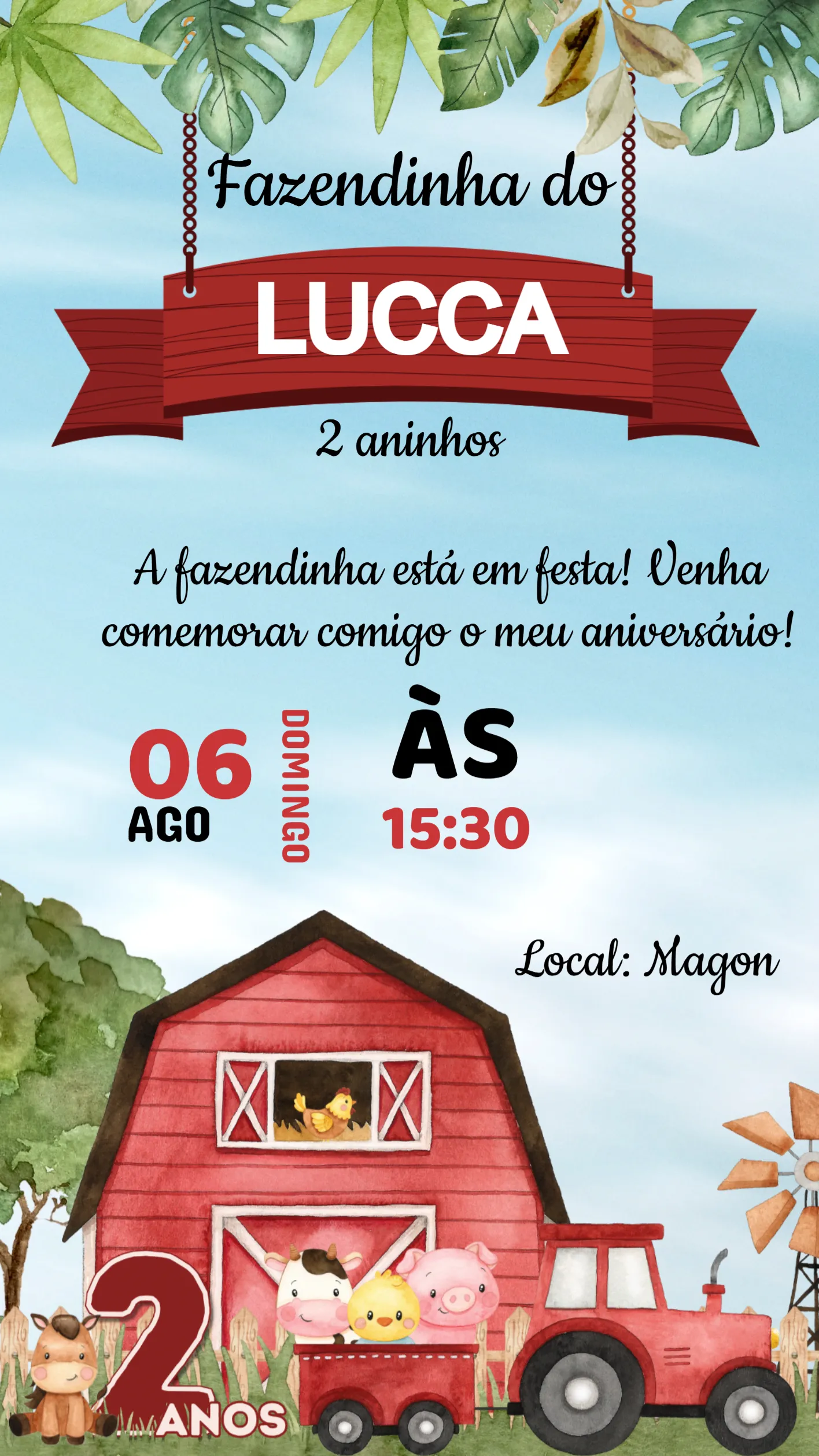 Convite Convite Aniversário Fazendinha editável e personalizável