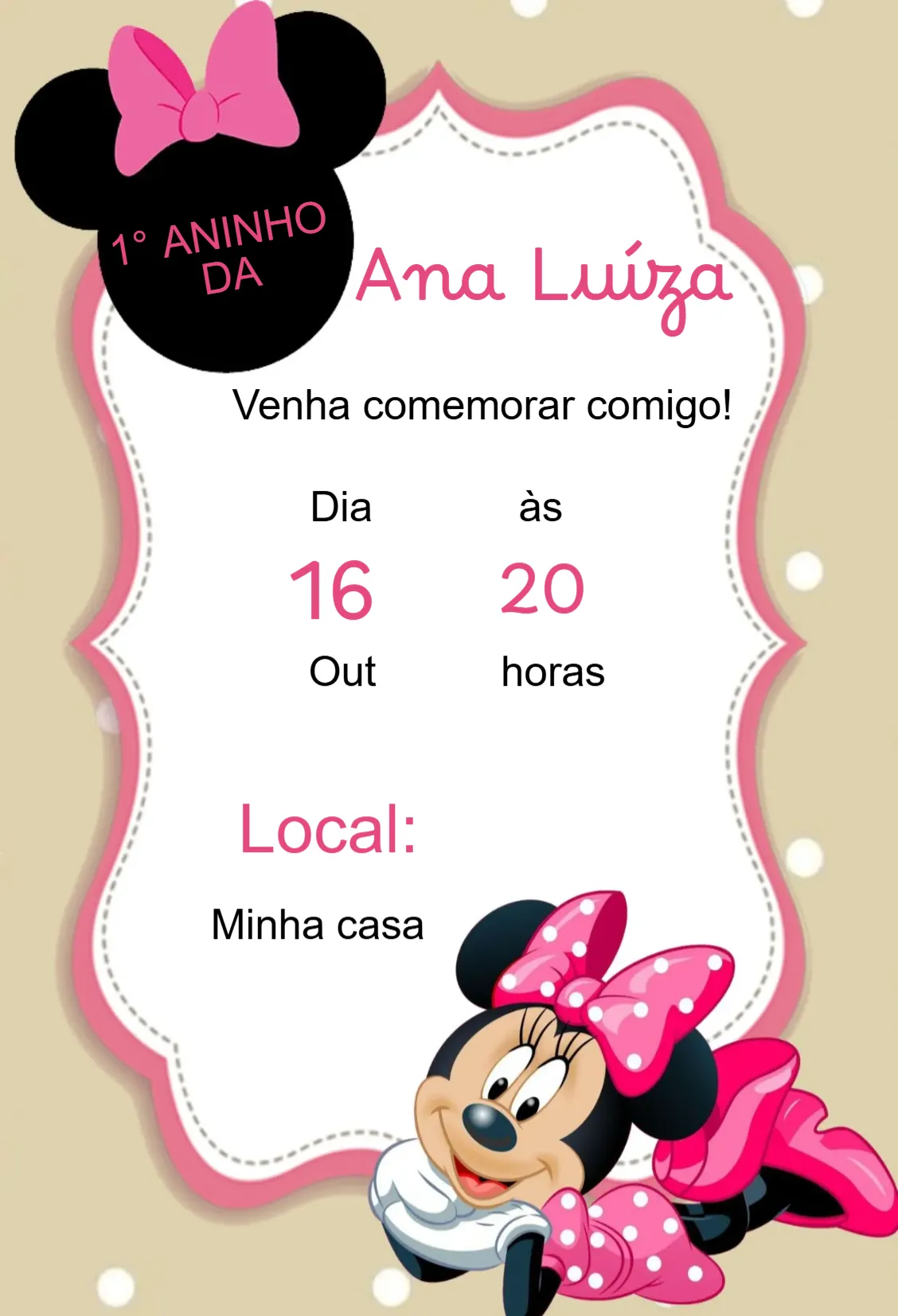 Convite Convite aniversário Minnie Rosa  para aniversário infantil
