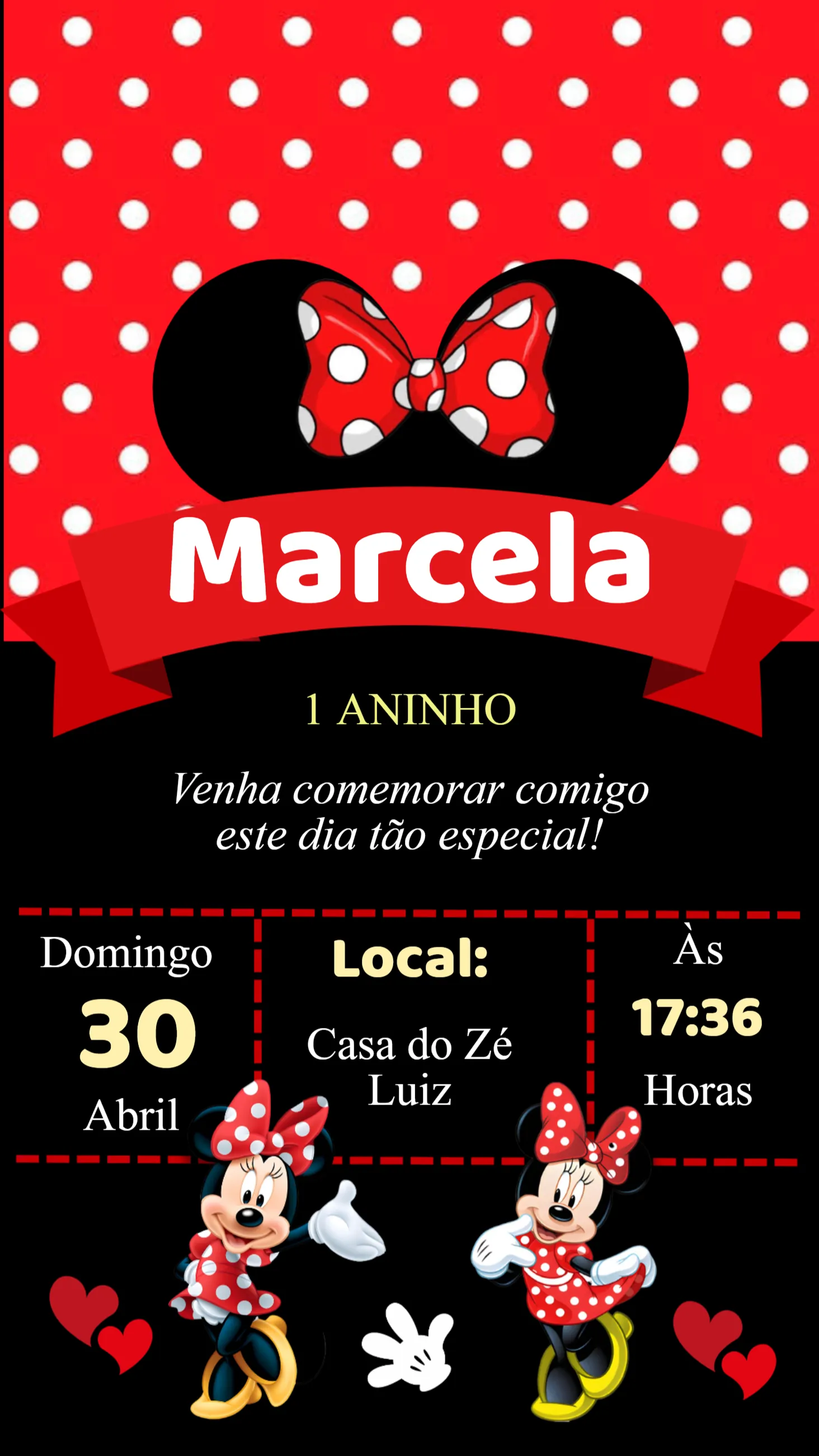 Editar Convite Aniversário Minnie Vermelha | Editor de Convites Digitais |  Convitede - Editor Online de Convites, image size:1464x2602