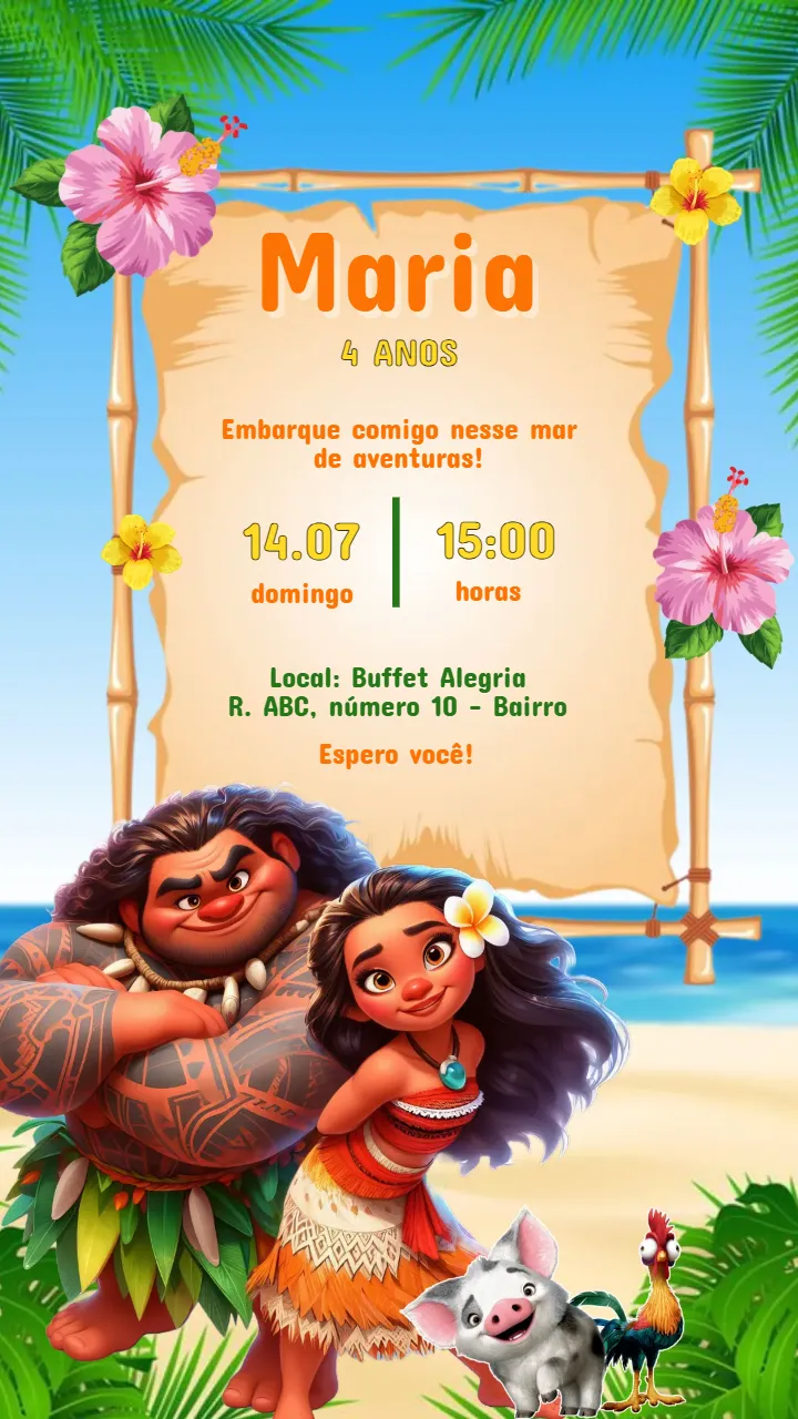 Convite Convite Aniversário Moana editável e personalizável