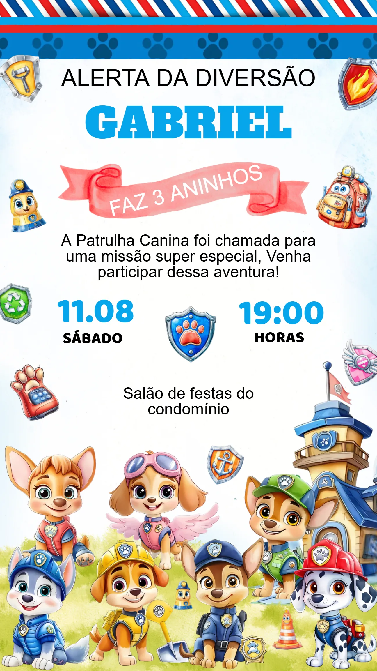 Convite Convite Aniversário Patrulha Canina editável e personalizável