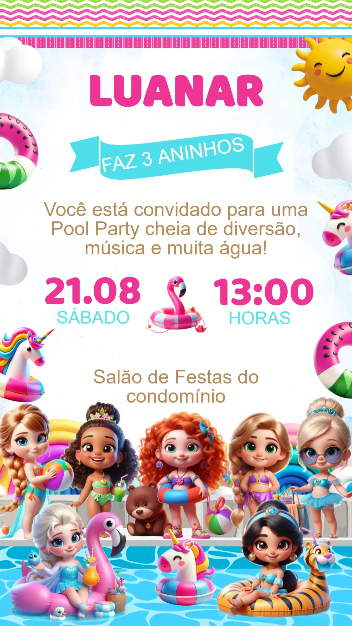 Convite Convite Aniversário Pool Party das Princesas editável e personalizável