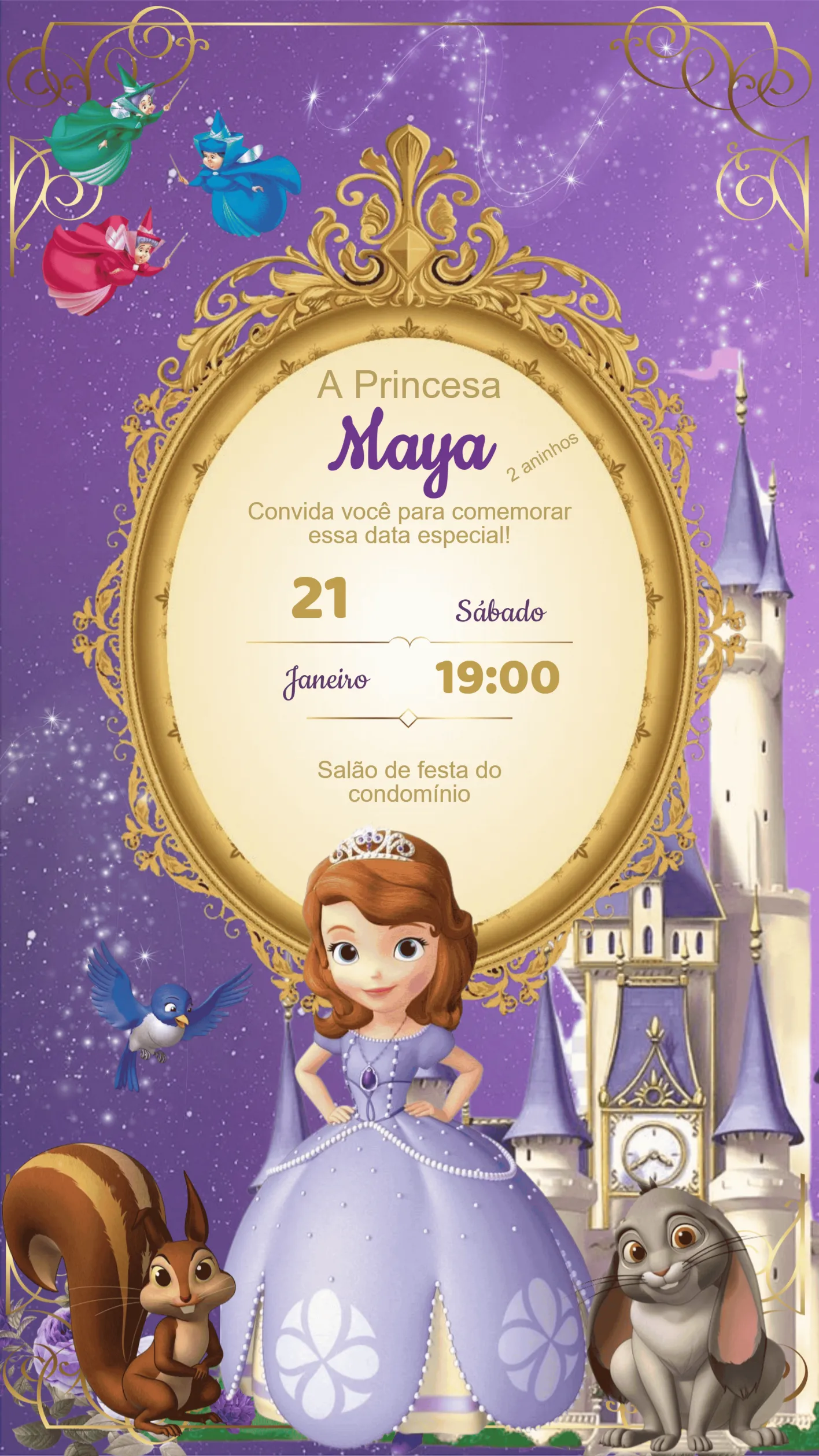 Convite Convite Aniversário Princesinha Sofia editável e personalizável