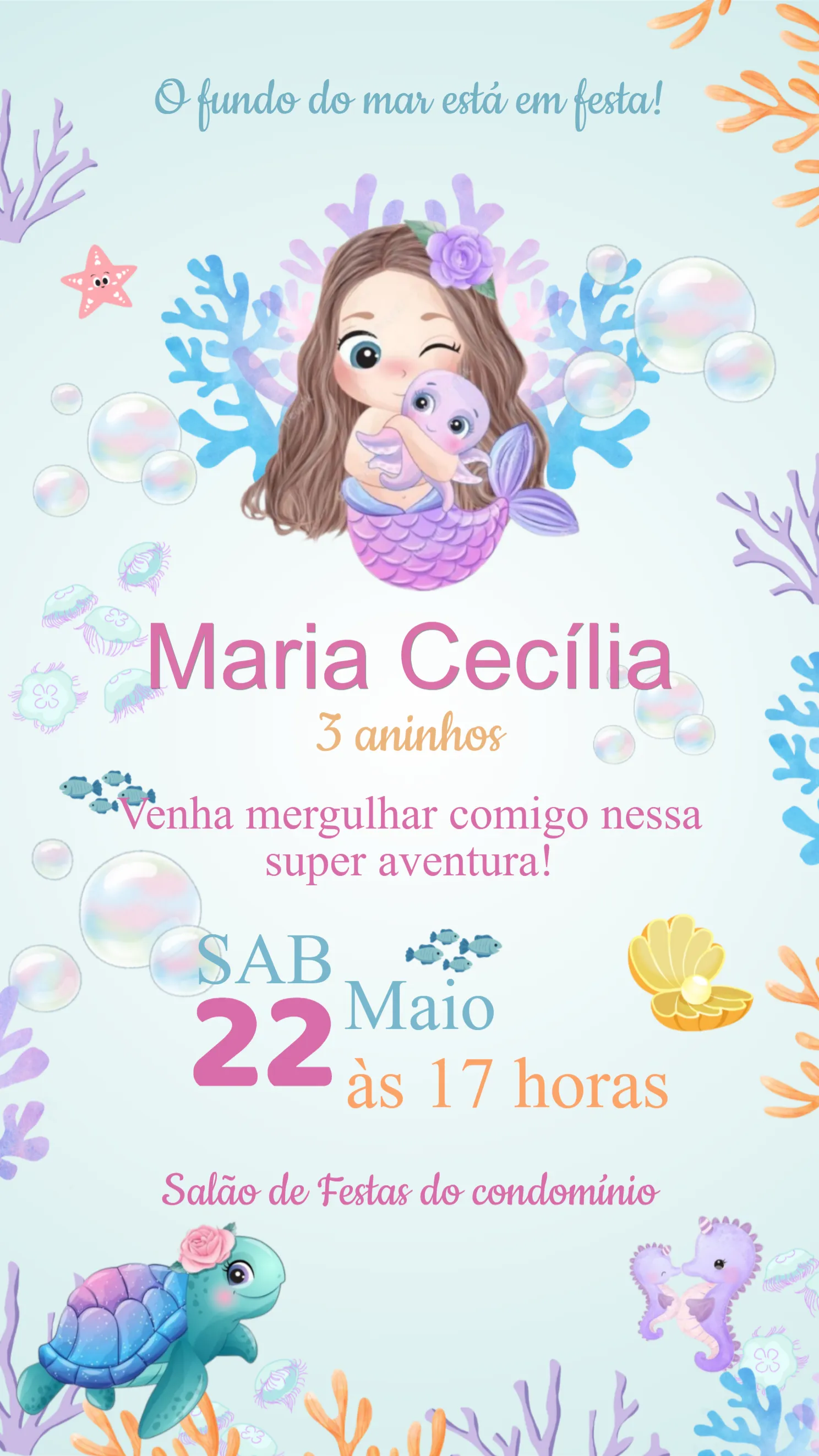 Invite Mermaid Cute Under the Sea Birthday Invitation editable and customizable