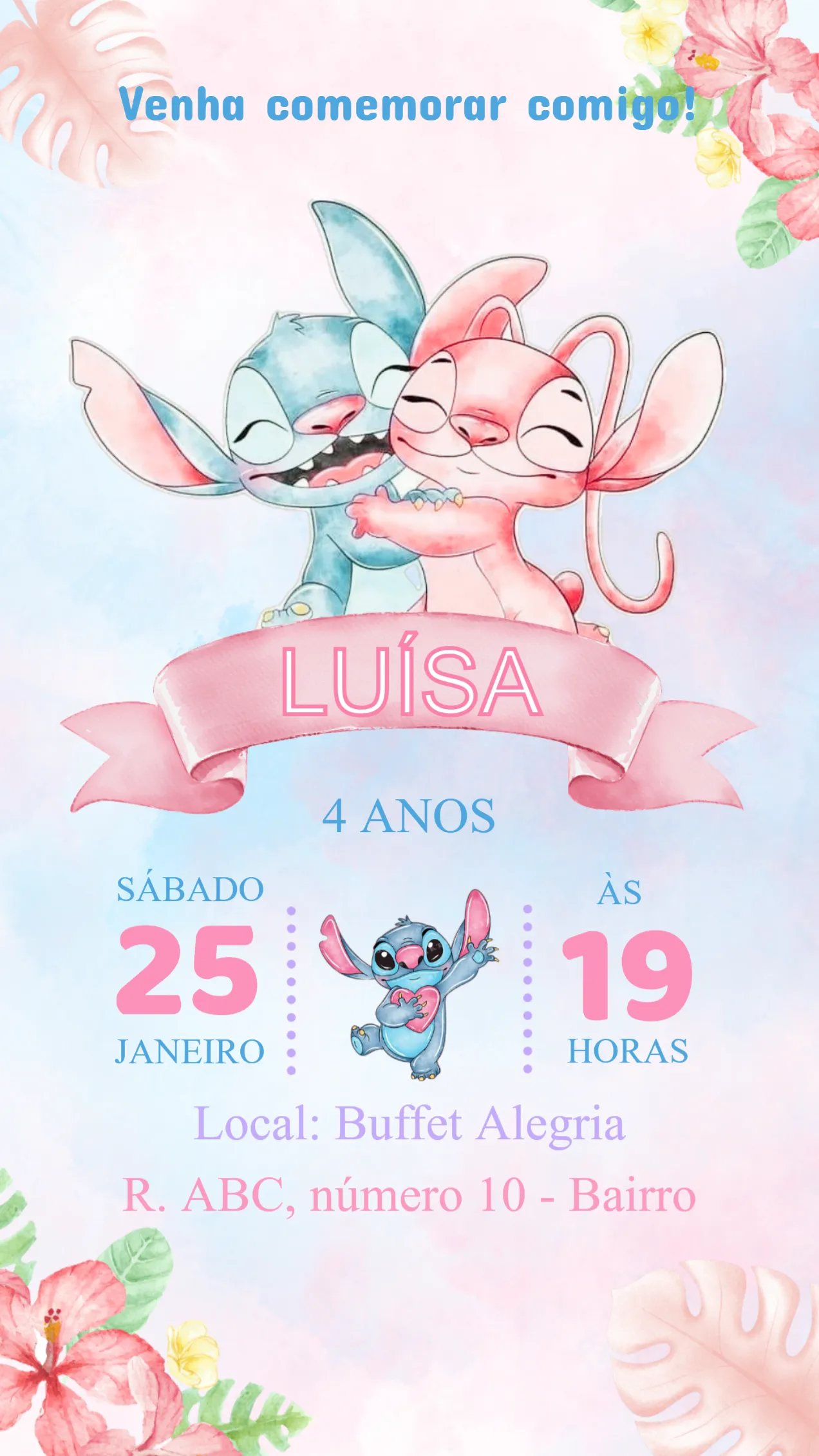 Convite Convite Aniversário Stitch e Angel editável e personalizável