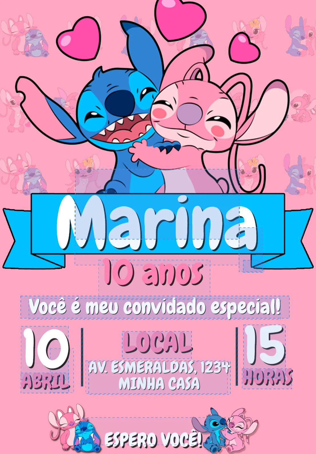 Convite Convite Aniversário Stitch e Angel Personalizado Editável editável e personalizável
