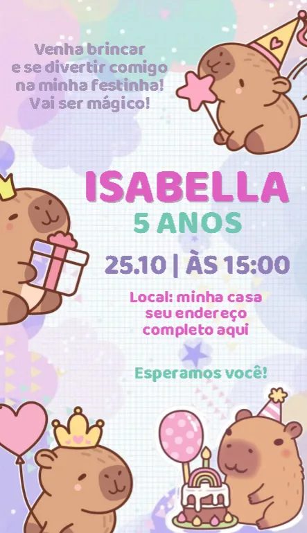 Convite Convite Capivara lilás editável e personalizável