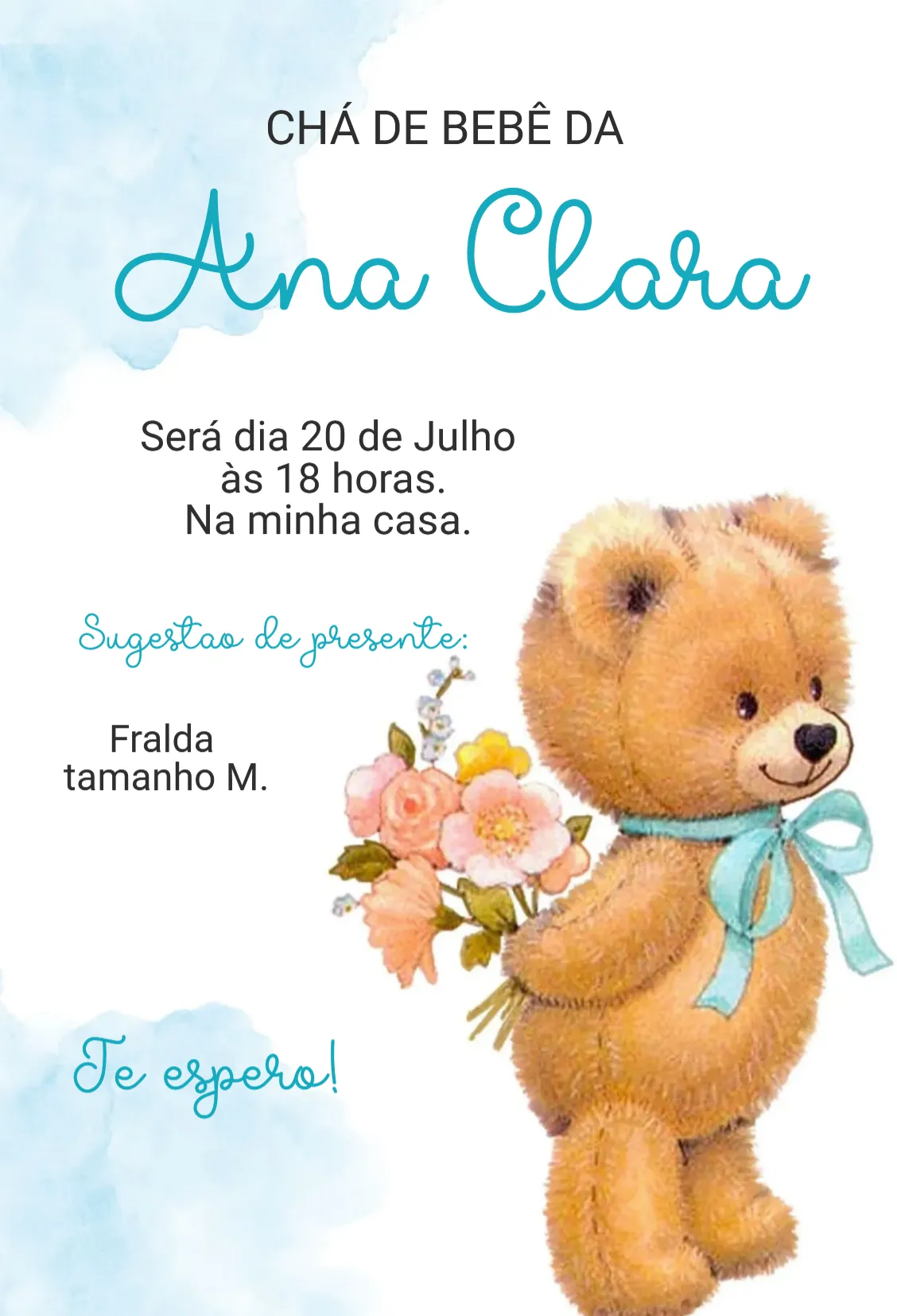 Convite Convite Chá de Bebê Ursinho para chá de fraldas